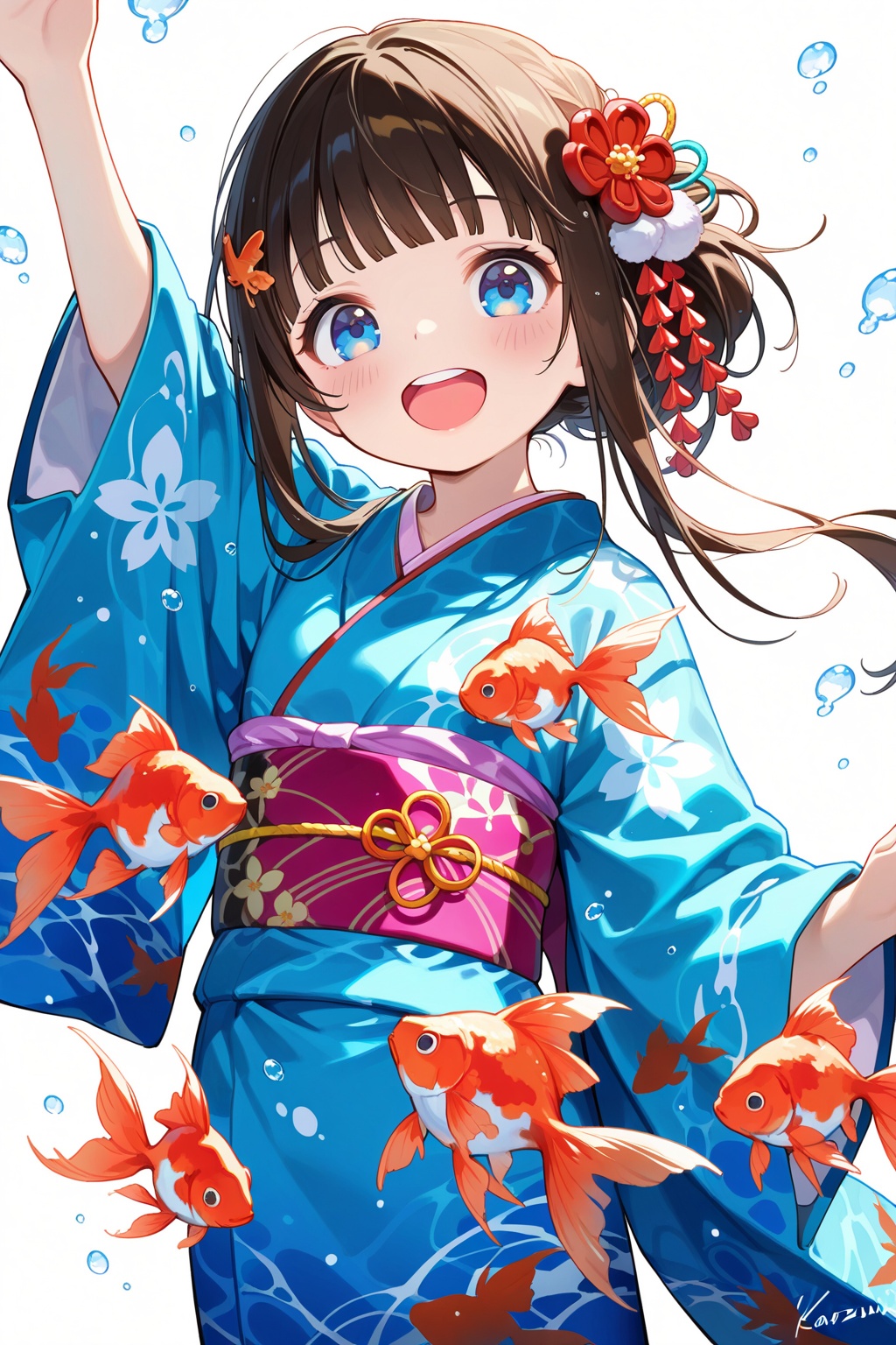 loli,1girl,japanese clothes,goldfish,kimono,fish,long hair,solo,sash,blue eyes,obi,open mouth,water,smile,arm up,white background,wide sleeves,blue kimono,brown hair,hair ornament,looking at viewer,long sleeves,simple background,:d,upper teeth only,teeth,animal,cowboy shot,pom pom (clothes),kanzashi,standing,caustics,print kimono,yukata,obijime,signature,sidelocks,water drop,artist name,pom pom hair ornament,round teeth,blunt bangs,black hair,blush,beads,