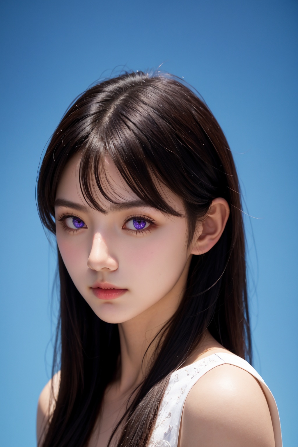 <lora:AgainEyes:1.25>,1girl,black hair,portrait,white dress,purple eyes,shining eyes,blue simple background,