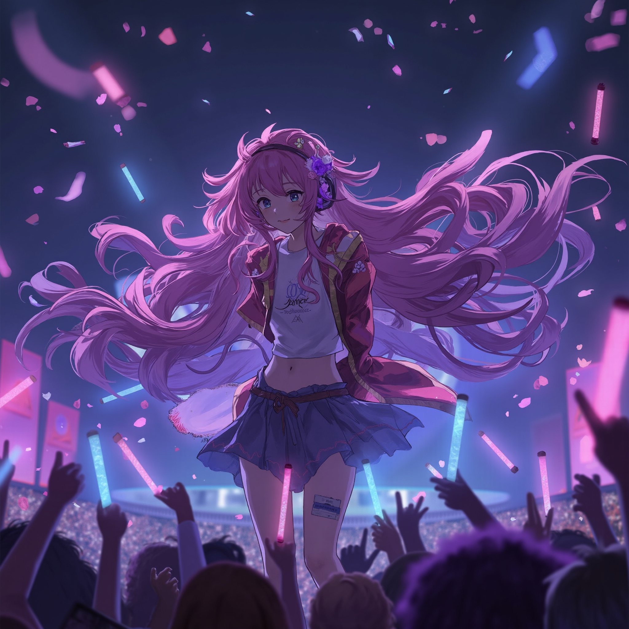 fluffy hair,long floating hair,(super long hair),shiny pink hair,shiny hair,1 girl,alone,long hair,blue eyes,(pink hair),pink hair,looking at the audience,smiling,make-up face prints,purple hair,colored hair,thighs,outdoors,full body ((masterpiece)),(((best quality))),((ultra-detailed)),((illustration)),A lot of waving glow sticks,Stage,Concert,(solo),1 girl,((singing)),headset,(leaning_forward:1.2),(arms_behind_back),((extremely_detailed_eyes_and_face)),colorful,Tokyo Dome,ray tracing,(disheveled hair),cherry_blossoms,petals,Flying notes,4k,8k,fine detail,Ultra high resolution,best quality,HD,intricate detail,large file size,amazing,