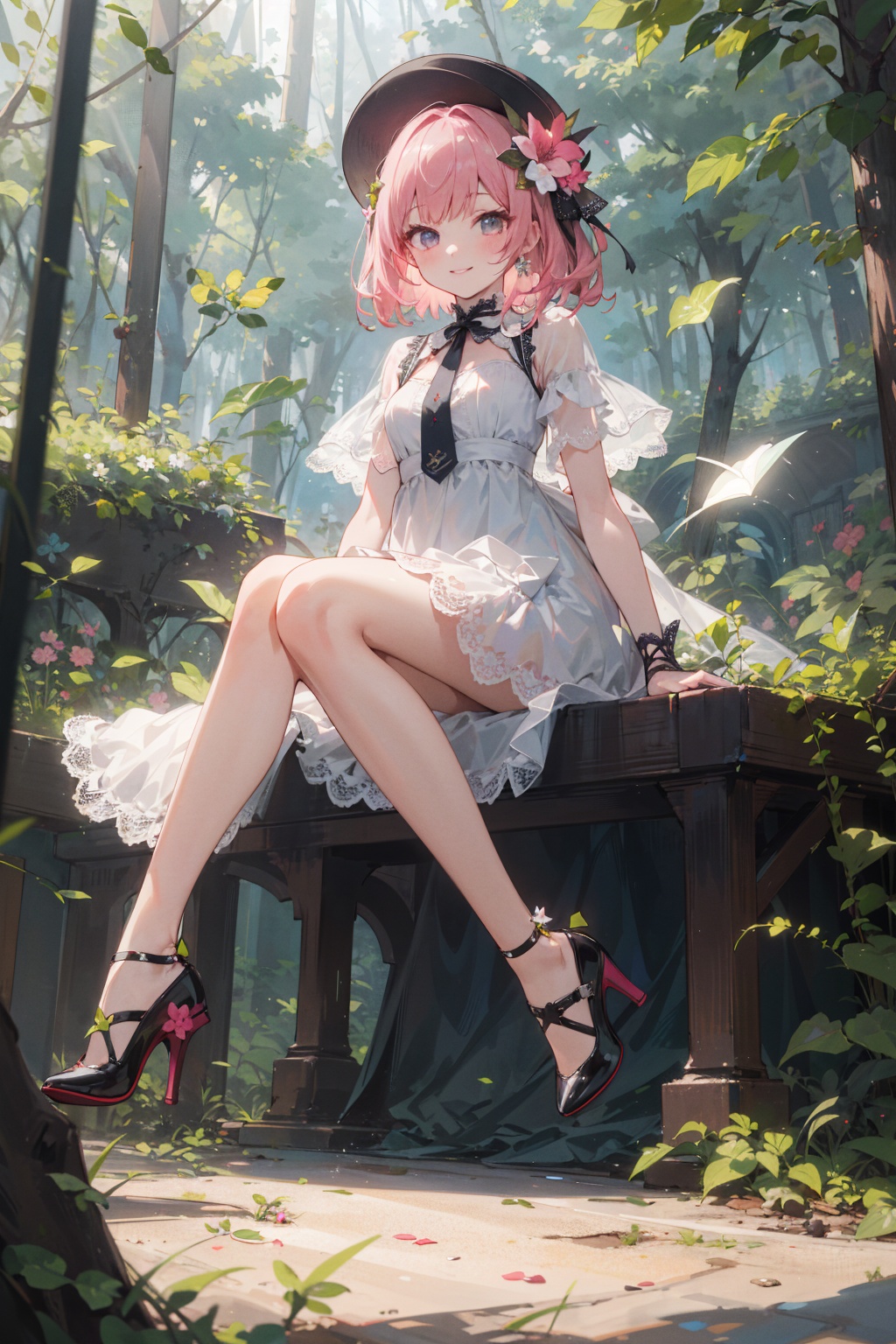 masterpiece,best quality,(ray tracing), full body, sitting, looking at viewer, 1girl, Short pink hair, star glint hair ornament, looking at viewer, smile, legs, white dress, black shoes, hat flower, lace, high heels, long hair, wind, leaf, tree, forest