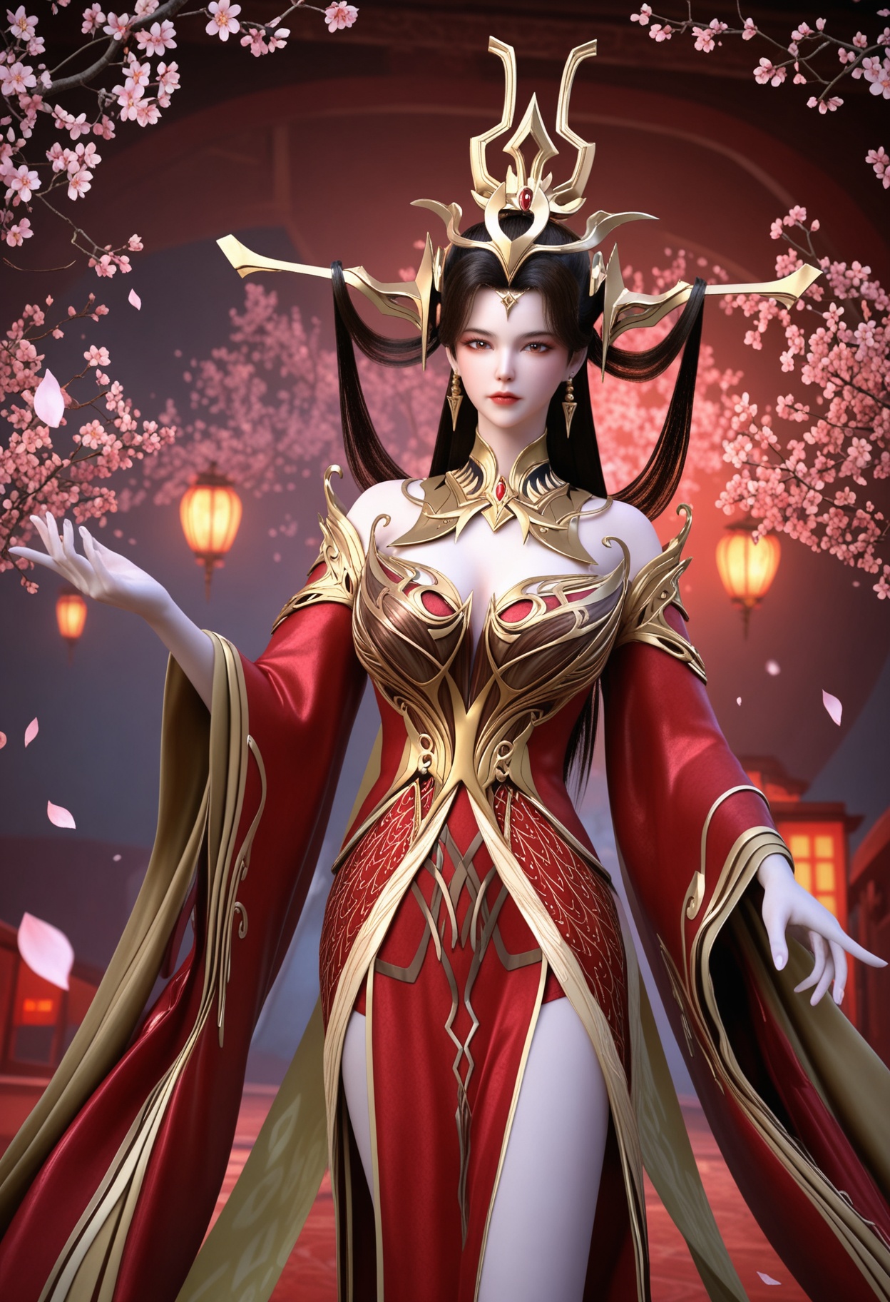 (standing full_body:1.1),(looking at viewer:1.1),masterpiece,(best quality),smog,Dark room,dim lighting,peach blossom,falling petals,<lora:YQ_Illustrious光辉v5_朱雀若天_V1:0.8>,q1528437228,1girl,solo,long hair,hair ornament,jewelry,earrings,brown hair,black hair,dress,red dress,detached sleeves,detached collar,red eyes,long sleeves,brown eyes,collar,metal collar,wide sleeves,blue eyes,high heels,hair rings,chinese clothes,headgear,forehead mark,