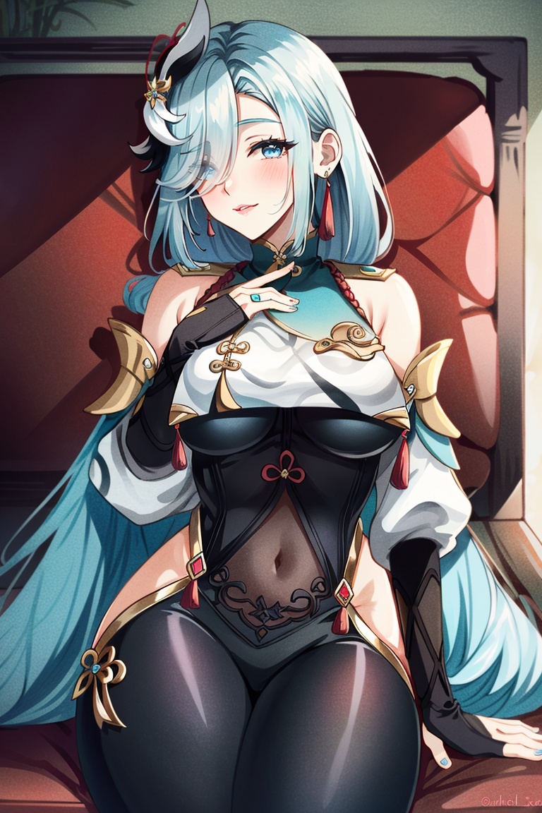 ((HRD, HUD, 8K)),((masterpiece, best quality)), highly detailed, soft light,ShenHe, 1girl, shenhe (genshin impact), solo, long hair, hair over one eye, breast curtain, breasts, bodysuit, hair ornament, braid, looking at viewer, black bodysuit, hip vent, gloves, very long hair, tassel, partially fingerless gloves, blue eyes, blue nails, bangs, covered navel, gold trim, braided ponytail, clothing cutout, tassel earrings, grey hair, black gloves, on back, nail polish, jewelry, closed mouth, blush, smile, hands on own chest, lying, earrings, puffy long sleeves, aqua nails, shoulder cutout, puffy sleeves, sitting, couch, large breasts, lips, knee up, medium breasts,  <lora:20240630-1719732786968:0.75>