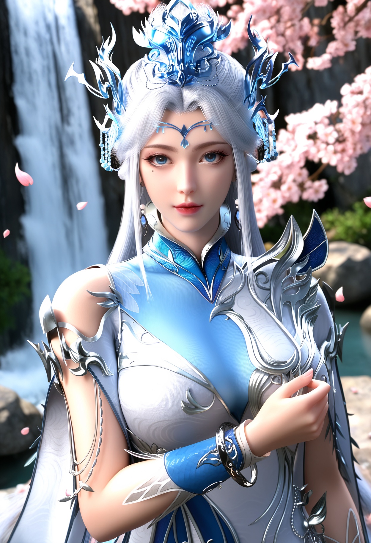masterpiece,best quality,amazing quality,high resolution,ultra-detailed,absurdres,(looking at viewer:1.1),upper body,(moody lighting:1.1),waterfall,peach blossom,falling petals BREAK (large breasts:0.8),ningyudie,1girl,solo,long hair,hair ornament,jewelry,dress,chinese clothes,blue eyes,white hair,earrings,hair bun,mole under eye,makeup,bracelet BREAK photorealistic details,<lora:QQSillningyudieV1:0.8>,