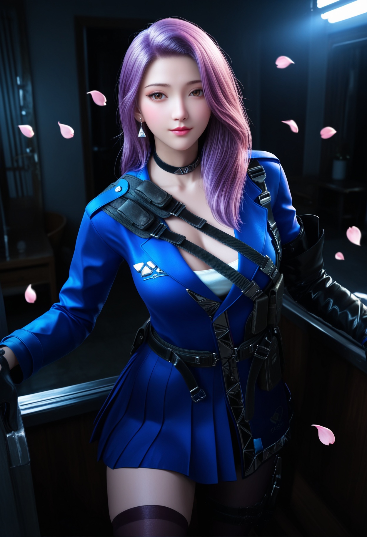 masterpiece,best quality,amazing quality,very aesthetic,high resolution,ultra-detailed,absurdres,scenery,photorealistic,(looking at viewer:1.1),upper body,(Dark room:1.3),(moody lighting:1.1),peach blossom,falling petals,(large breasts:0.8),yunyouyou,1girl,solo,long hair,gloves,pink hair,choker,belt,black gloves,jewelry,earrings,brown eyes,thighhighs,jacket,skirt,holster,blue jacket,purple hair,single thighhigh,high heels BREAK photorealistic details,<lora:QQSillyunyouyoubwV1:0.9>,
