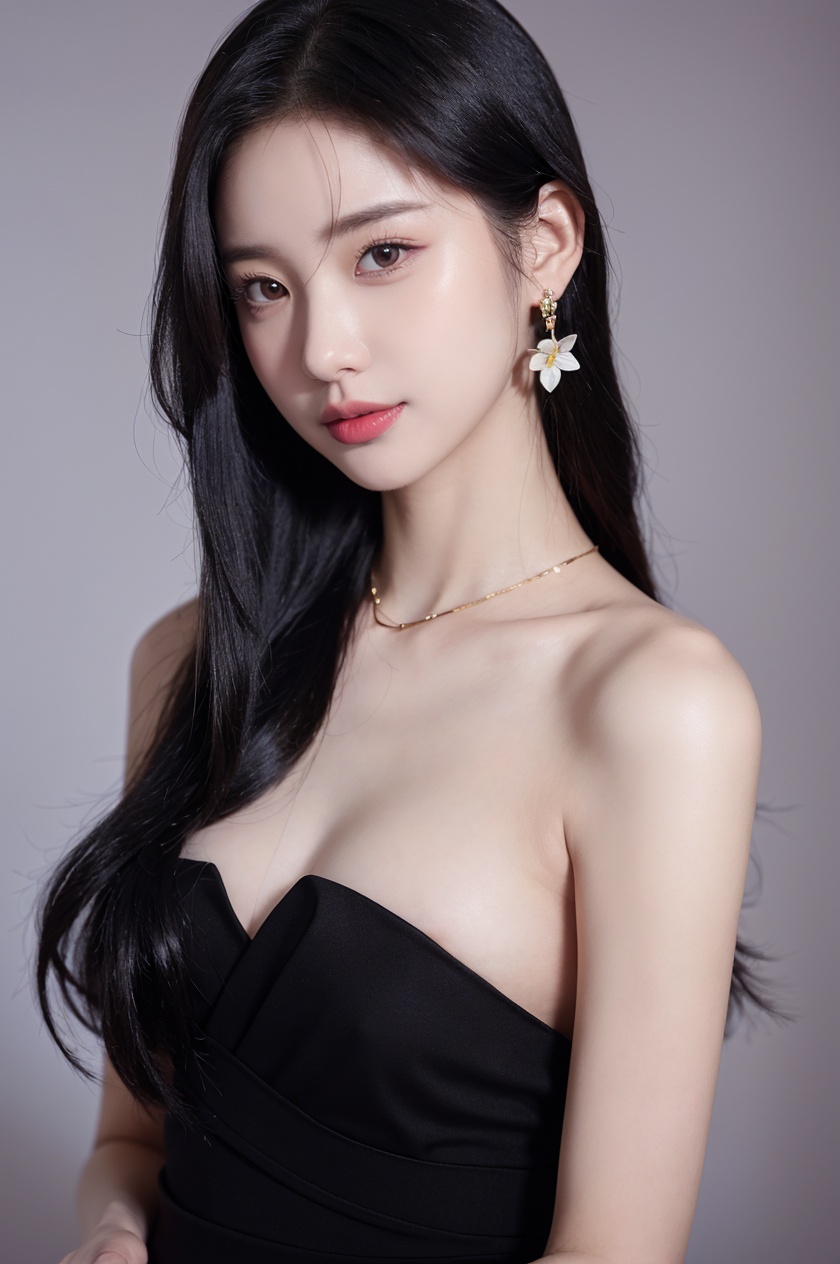 1girl, solo,(front view:1.2),(looking_at_viewer:1.4),(eye-contact:1.4),,black hair, long hair, jewelry, realistic, earrings, hair ornament, black eyes, lips, collarbone, parted lips, flower, watermark, upper body, portrait, hair flower, dress, web address,  <lora:YG红颜阁美女5:0.8>,