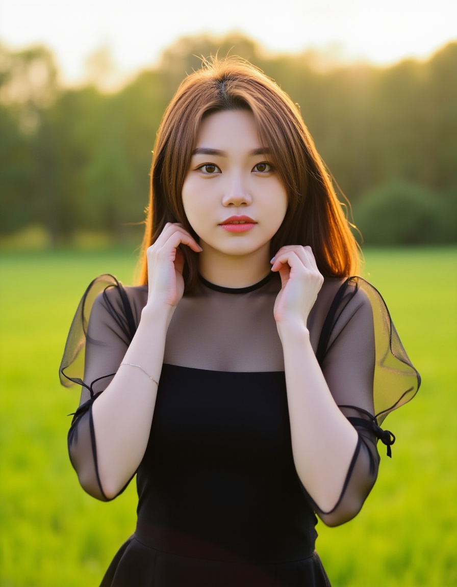This photograph captures a young Asian woman with fair skin and straight, shoulder-length brown hair. She is standing outdoors in a sunlit field, wearing a sheer black top with puffed sleeves and a black dress underneath. Her expression is neutral, and she is adjusting her hair with both hands. The background features lush greenery and a soft, golden glow from the setting sun, creating a serene, natural ambiance.