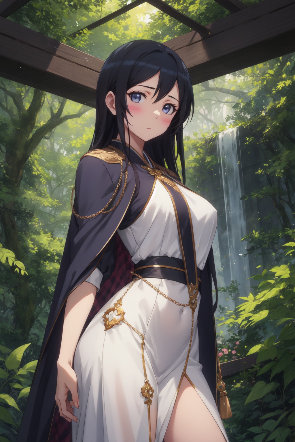 <lora:Ayase-000015:0.8>,Ayase cyql,1girl,looking at viewer,solo,long hair,black hair,blue eyes,blush,Dramatic cape sleeve dress with cascading embellishments,smirk,bust,beautiful face,beautiful eyes,glossy skin,shiny skin,Rainforest, Trees, Foliage, Undergrowth, Waterfall, Humidity, Wildlife, Canopy,(Sea oats, Beach grass, Sand dunes, Sea breeze, Soft twilight, Seagulls:0.5),beautiful detailed sky,beautiful detailed glow,posing in front of a colorful and dynamic background,masterpiece,best quality,beautiful and aesthetic,contrapposto,female focus,wallpaper,fashion,