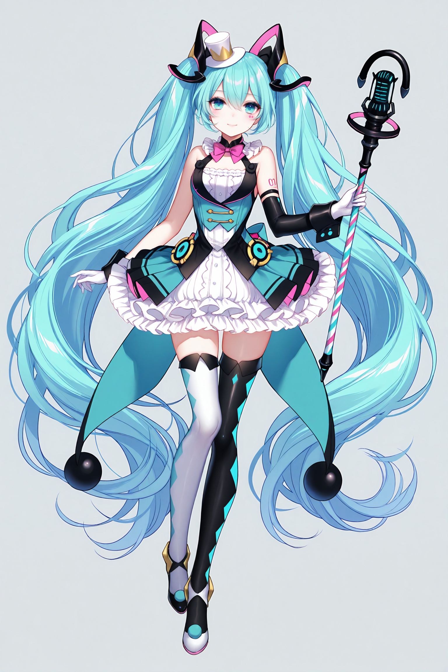 masterpiece,best quality,newest,absurdres,highres,soft shadows,photorealistic,(bison cangshu:0.5),(fuzichoco:0.6),(rimuu:0.5),(mignon:0.5),(sheya:0.6),full body,<lora:MMMiku2019XLNAI:1>,1girl,magical mirai miku \(2019\),frilled_dress,frills,mismatched legwear,white thighhighs,black thighhighs,holding,