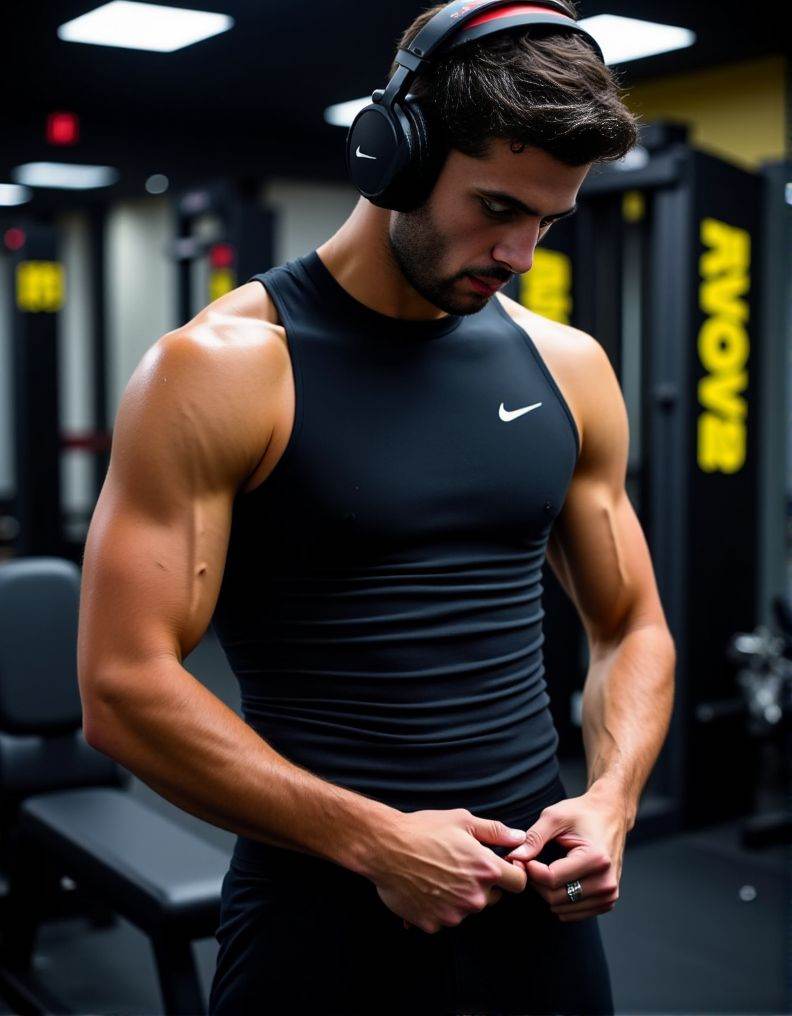 Ferran Torres ,  A detailed low-angle image. in exceptional quality. He is in a gym with a predominance of black and a lit...