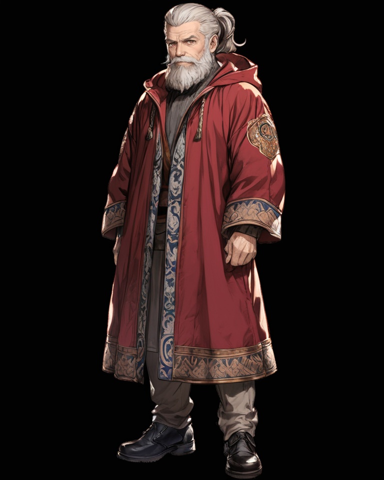 (best quality), ((masterpiece)), (highres), illustration, original, extremely detailed, <lora:JTのGame Character XL:0.7>solo, facial hair, male focus, beard, 1boy, full body, old, ponytail, standing, old man, black footwear, white hair, white background, simple background, hood, brown eyes, looking at viewer, grey hair, transparent background