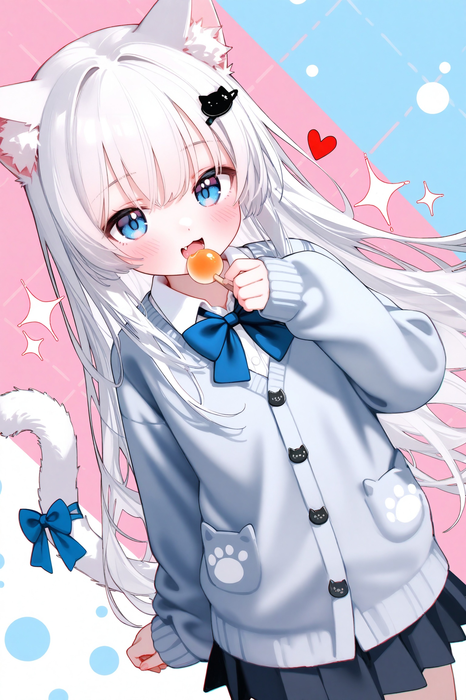 masterpiece,very aware,highres,absurdres,newest,best quality,petite,high quality,chromatic_aberration,cinematic_angle,dutch angle,child,petite,//,1girl, white hair, animal ears, skirt, tail, cat tail, shirt, argyle background, food, cat ears, black skirt, pleated skirt, cardigan, solo, blue eyes, white shirt, collared shirt, tail ornament, animal ear fluff, tail bow, holding, puffy long sleeves, cat girl, hair ornament, long hair, blue bow, bow, holding food, long sleeves, sleeves past wrists, very long hair, hairclip, puffy sleeves, cat hair ornament, looking at viewer, hair between eyes, smile, blush, open mouth, sparkle, dress shirt, :d, fang, hand up, fish hair ornament, eating, school uniform, two-tone background, grey sweater, tail ribbon, blue cardigan, grey jacket, heart, tail raised<lora:22222.NAI4h:0.8>