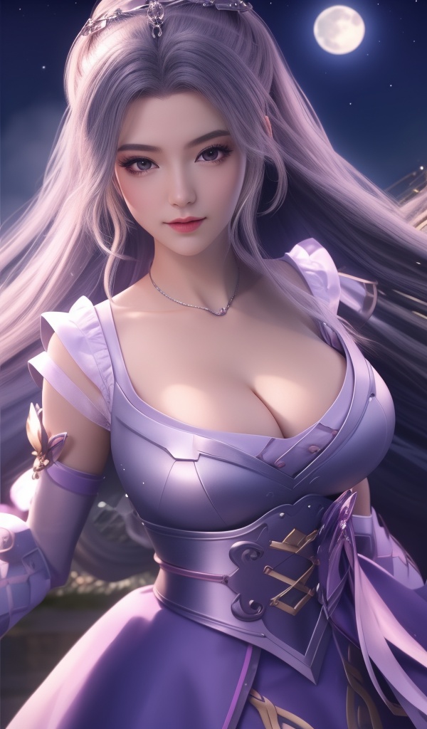 <lora:716-DA-师兄啊师兄-云霄-紫服:0.8>(,1girl, ,best quality, ),looking at viewer,  ,ultra detailed background,ultra detailed background,ultra realistic 8k cg,, ,masterpiece, (( , )),, ,   ,   cure blossom, full moon,night,night sky,  (cleavage), (), ,,
