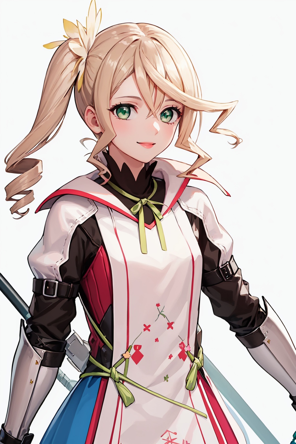 masterpiece,best quality, highly detailed, alisha diphda,1girl, solo, smile, side ponytail, white background, armor, green ribbon, neck ribbon, gloves, looking at viewer, gauntlets, simple background, standing,<lora:alisha_diphda:1>