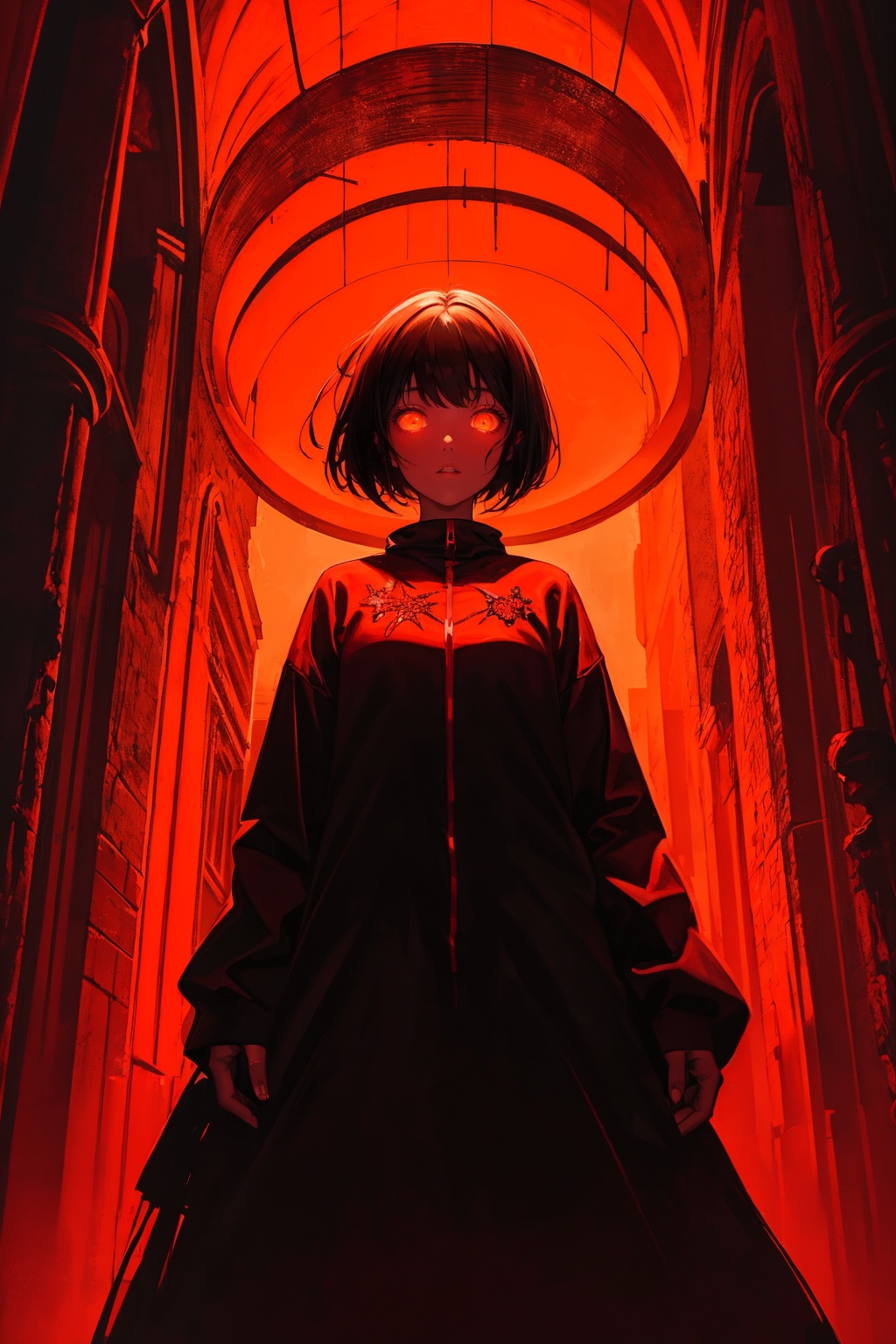 masterpiece,best quality,ultra high res,1girl,(glowing_eyes:1.2),A talented artist whose works have been displayed at prestigious galleries around the world.,Orange-red theme,Rule of Thirds composition,<lora:复仇之眼-v2:0.4>,horror film,