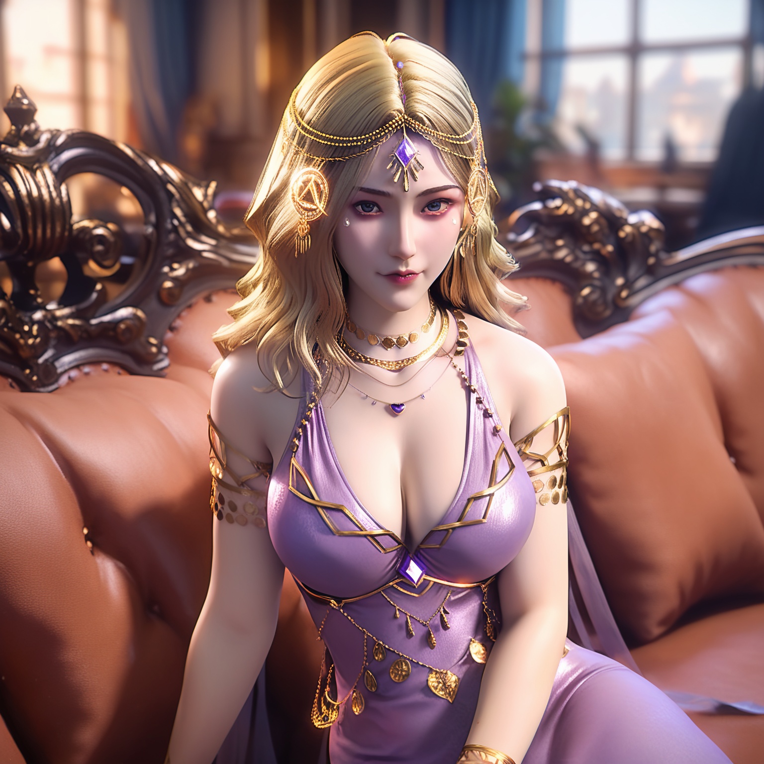 score_9,score_8_up,score_7_up,1girl, breasts, solo, dress, jewelry, blonde hair, necklace, cleavage, long hair, couch, ring, looking at viewer, armlet, mole, blurry, gem, blurry background, indoors, circlet, purple dress,<lora:kadan firstclothe THv3:0.8>,