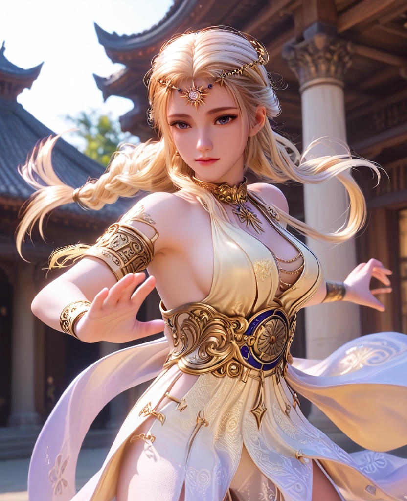 (oriental architecture, elegant decor, sophisticated style:1.1),(martial arts flying kick:1.1),miserable,(breasts:1.2),<lora:XL16永劫无间席拉:0.95>,miss xila,light yellow high-low dress,blue eyes,circlet,blonde hair,braid,long hair,sash,jewelry,armlet,golden tattoo of holy seal,, score_9,score_8_up,score_7_up,score_6_up,score_5_up,score_4_up,3d rendering,tag1,tag2, Cinematic Lighting,backlighting,
