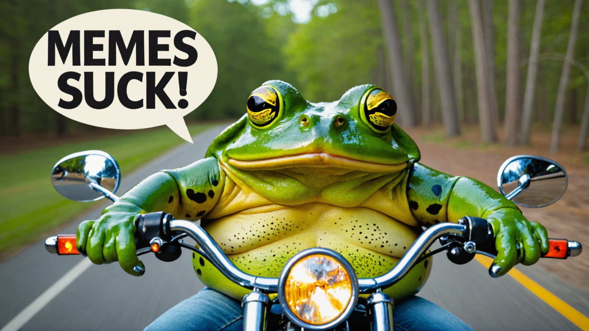 Photo of fat bull frog riding a motorcycle with text bubble that says "MEMES SUCK" on Tensor.Art