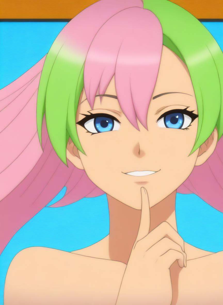 (pastel \(medium\):2.0), anime, traditional media, 1girl, mature female, portrait, multicolored hair, hand on face, loving aura