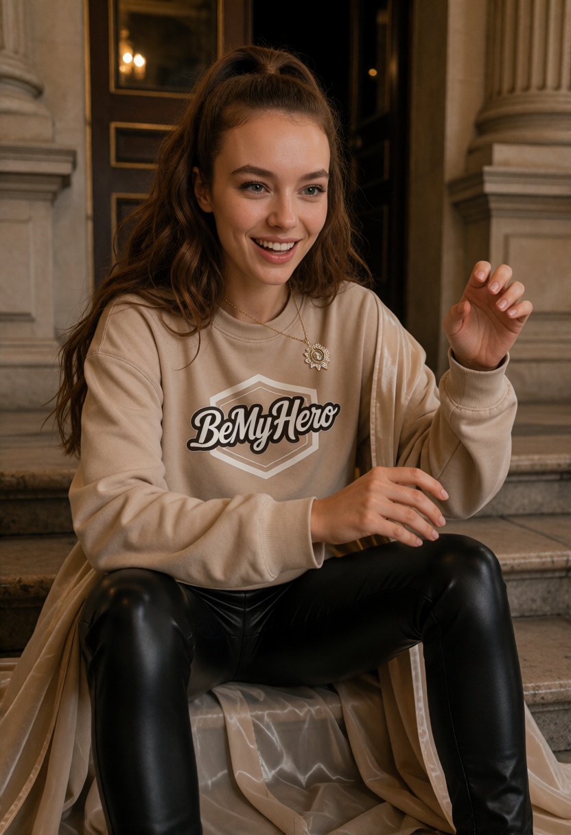 EmilyX,  long chestnut brown hair styled in a high ponytail with loose wavy lengths.,  She looks into the camera with a sm...