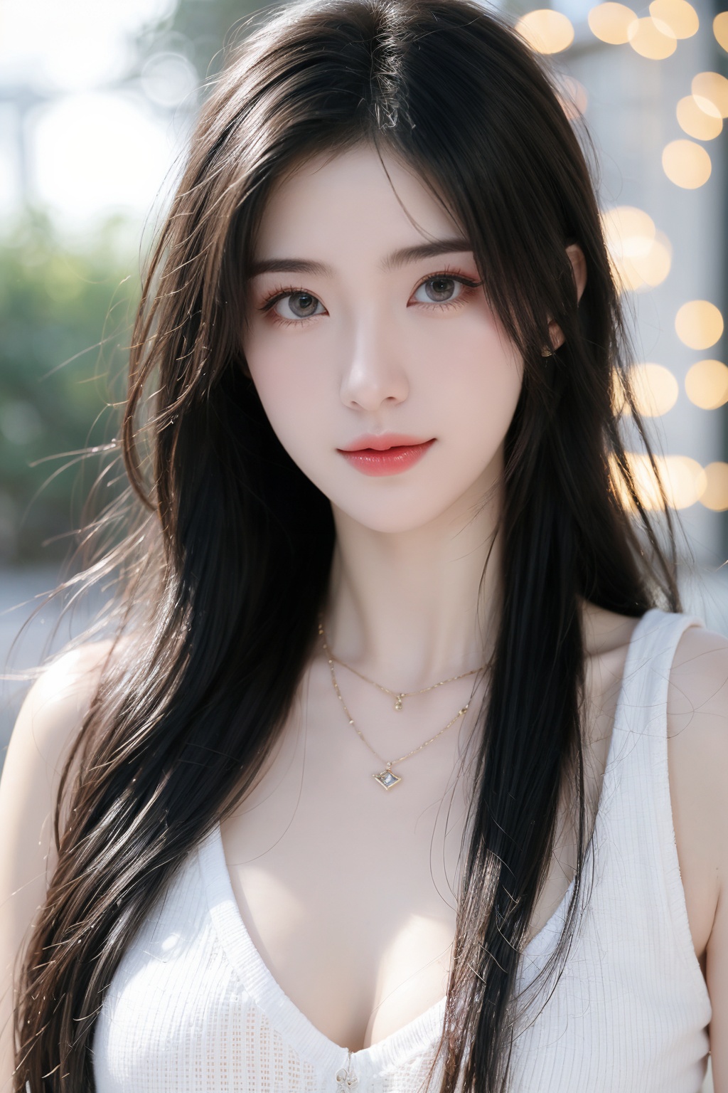 1girl, black hair, blurry, blurry background, bokeh, depth of field, jewelry, lens flare, lips, long hair, looking at viewer, necklace, outdoors, sleeveless, solo <lora:美女:1>