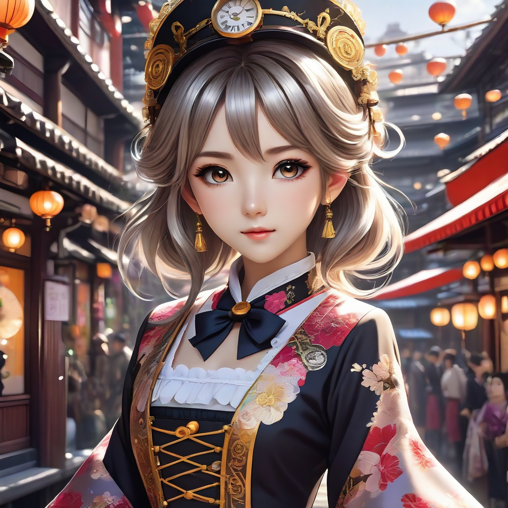 (extremely detailed CG unity 8k wallpaper),(masterpiece), (best quality), (ultra-detailed), (best illustration),(best shadow), (an extremely delicate and beautiful), dynamic angle, floating, finely detail, (bloom), (shine), glinting stars, classic, (painting), (sketch), Taisho steampunk, (steampunk:1.2)(1girl:1.7), (2020s), (cute face:1.3), anime face, ((solo)), beautiful detailed face, shiny hair, colorful clothes, (kimono), (Japanese maid), maid dress, maid headdress, hair flower, hair ornament, (Frill), Brass Pocket Watch, extremely delicate and beautiful girls, beautiful detailed eyes, cowboy shot,steam train, building architecture, (Japanese style architecture), (street:1.2)