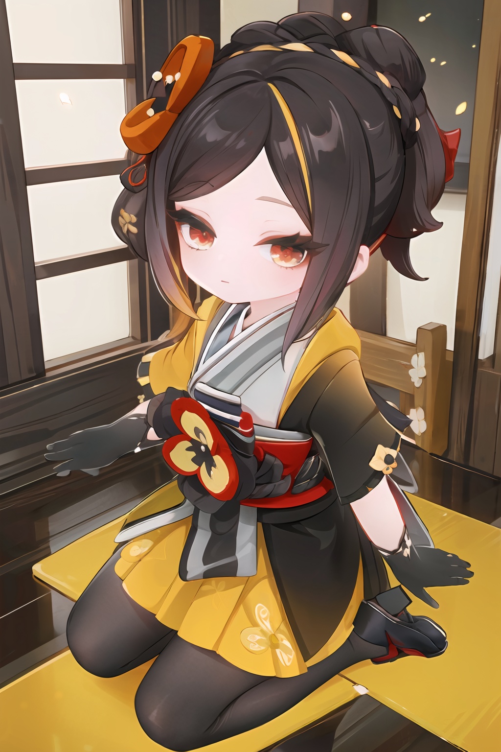 insanely detailed,absurdres,ultra-highres,ultra-detailed,best quality,slender,kawaii,perfect symmetrical face,ultra cute girl,ultra cute face,ultra detailed eyes,ultra detailed hair,ultra cute,ultra beautifu,Chiori,solo,1girl,red eyes,short sleeves,neck ribbon,overlapping collar,japanese clothes,kimono skirt,black gloves,elbow gloves,black footwear,black pantyhose,loli,indoors,wariza,<lora:qianzhi_2-000005:1>,