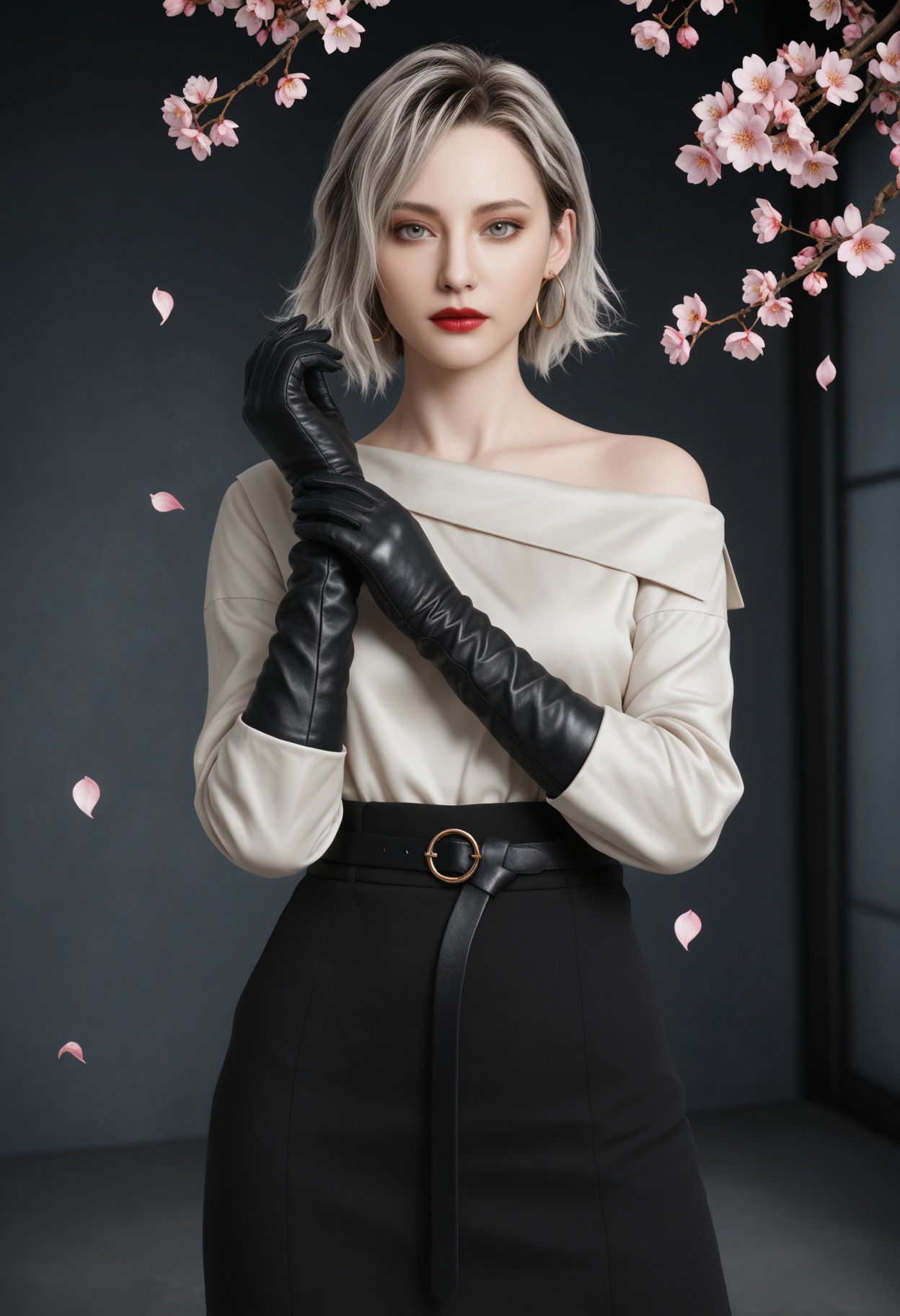 (upper_body:1.2),(looking at viewer:1.1),masterpiece,(best quality),smog,Dark room,dim lighting,peach blossom,falling petals,<lora:YQ_Illustrious光辉v5_格蕾丝_V1:0.8>,q1528437228,solo,1girl,short hair,shirt,earrings,jewelry,blonde hair,gloves,black gloves,white shirt,grey eyes,hoop earrings,skirt,grey hair,red lips,black skirt,belt,long sleeves,long skirt,brown eyes,pants,black footwear,black hair,boots,elbow gloves,lipstick,blue eyes,multicolored hair,off-shoulder shirt,