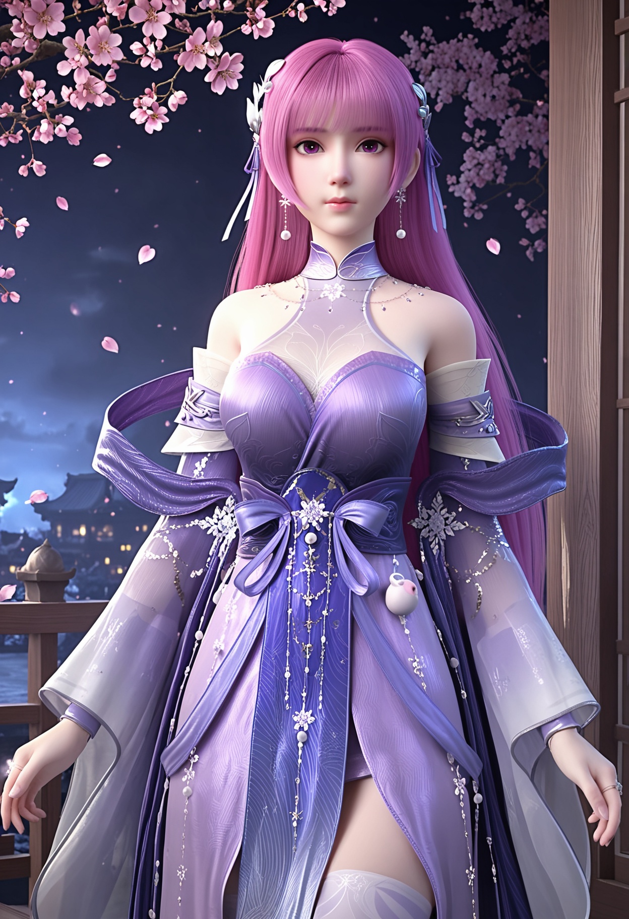 (cowboy shot:1.1),(looking at viewer:1.1),masterpiece,(best quality),smog,Dark room,dim lighting,peach blossom,falling petals,<lora:YQ_Illustrious光辉v5_叶紫芸_V1:0.8>,q1528437228,1girl,solo,long hair,hair ornament,jewelry,chinese clothes,dress,earrings,pink hair,purple hair,purple eyes,detached sleeves,blunt bangs,pantyhose,thighhighs,pink eyes,ribbon,wide sleeves,hair ribbon,very long hair,necklace,ring,see-through,shoes,