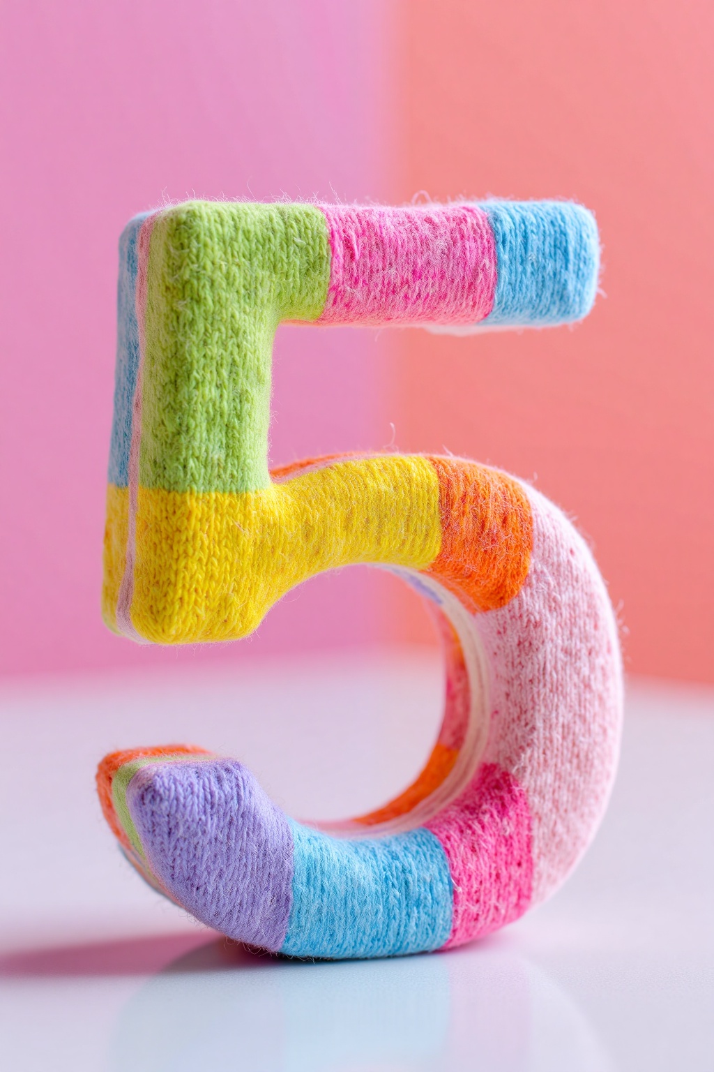 beijihui,Captured in a close-up,eye-level perspective,a knitted ring is displayed on a white surface. The ring is adorned with a variety of vibrant colors,including pink,orange,yellow,green,blue,purple,and pink. The background is blurred,creating a stark contrast to the ring,adding a pop of color to the composition.,