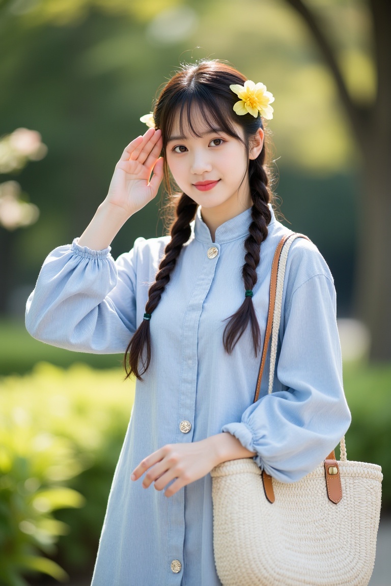 A young Asian woman stands outdoors, possibly in a park or garden, as lush green plants and sunlight shine through the trees in the background. She has straight dark brown hair, with braids hanging down on her right shoulder and bangs accentuating her face. Her skin is fair and smooth, with a youthful and innocent expression, big and expressive eyes, and a slight smile. She was wearing a light blue striped dress made of soft cotton fabric. This garment has a high necked long sleeved shirt with a button on the front. She carried a huge white woven handbag on her shoulder, with a textured McLam design on it. Her left hand was raised to her forehead, blocking the sunlight, and her right hand was placed beside her. On her hair, she wore a yellow floral accessory that added a touch of whimsy to her clothes. The background is gently blurred, emphasizing the theme and creating a dreamy, ethereal feeling. The overall atmosphere of the image is warm and enticing, capturing a casual, everyday beautiful moment.  <lora:S-T-唯美古风_S1.5:0.5>