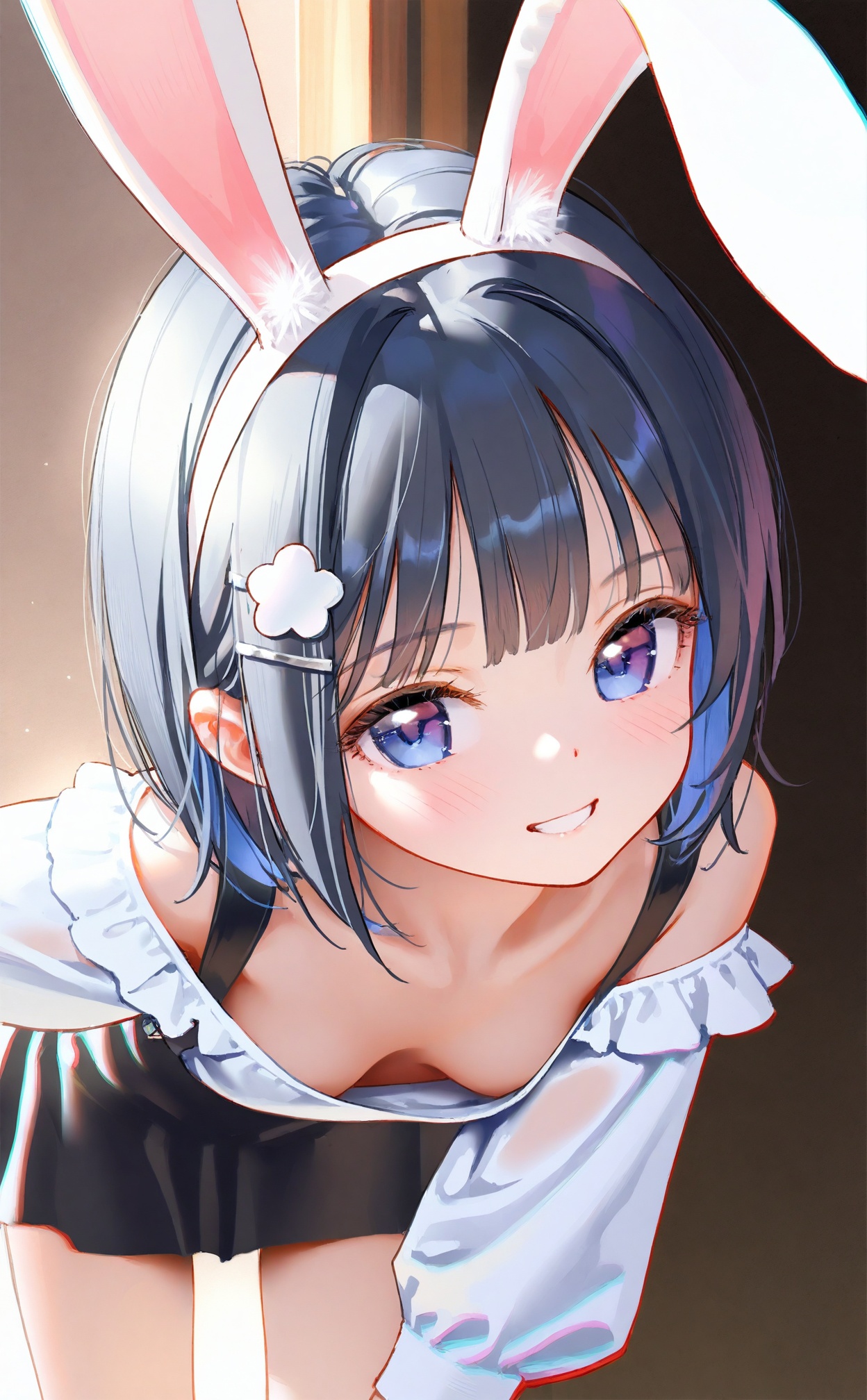 masterpiece,best quality,high quality,loli,(artist:ningen_mame:0.9),(artist:sho_(sho_lwlw):0.9),(artist:rhasta:0.9),(artist:wlop:0.7),(artist:ke-ta:0.6),(fkey:0.5),(tianliang duohe fangdongye:0.5),(hiten \(hitenkei\):0.6),loli,1girl, solo, breasts, smile, animal ears, looking at viewer, skirt, blue hair, hair ornament, short hair, fake animal ears, blue eyes, shirt, cleavage, blush, white shirt, off shoulder, off-shoulder shirt, black footwear, black skirt, suspenders, hairclip, frills, small breasts, leaning forward, downblouse, standing, grin, rabbit ears, bare shoulders, long sleeves
