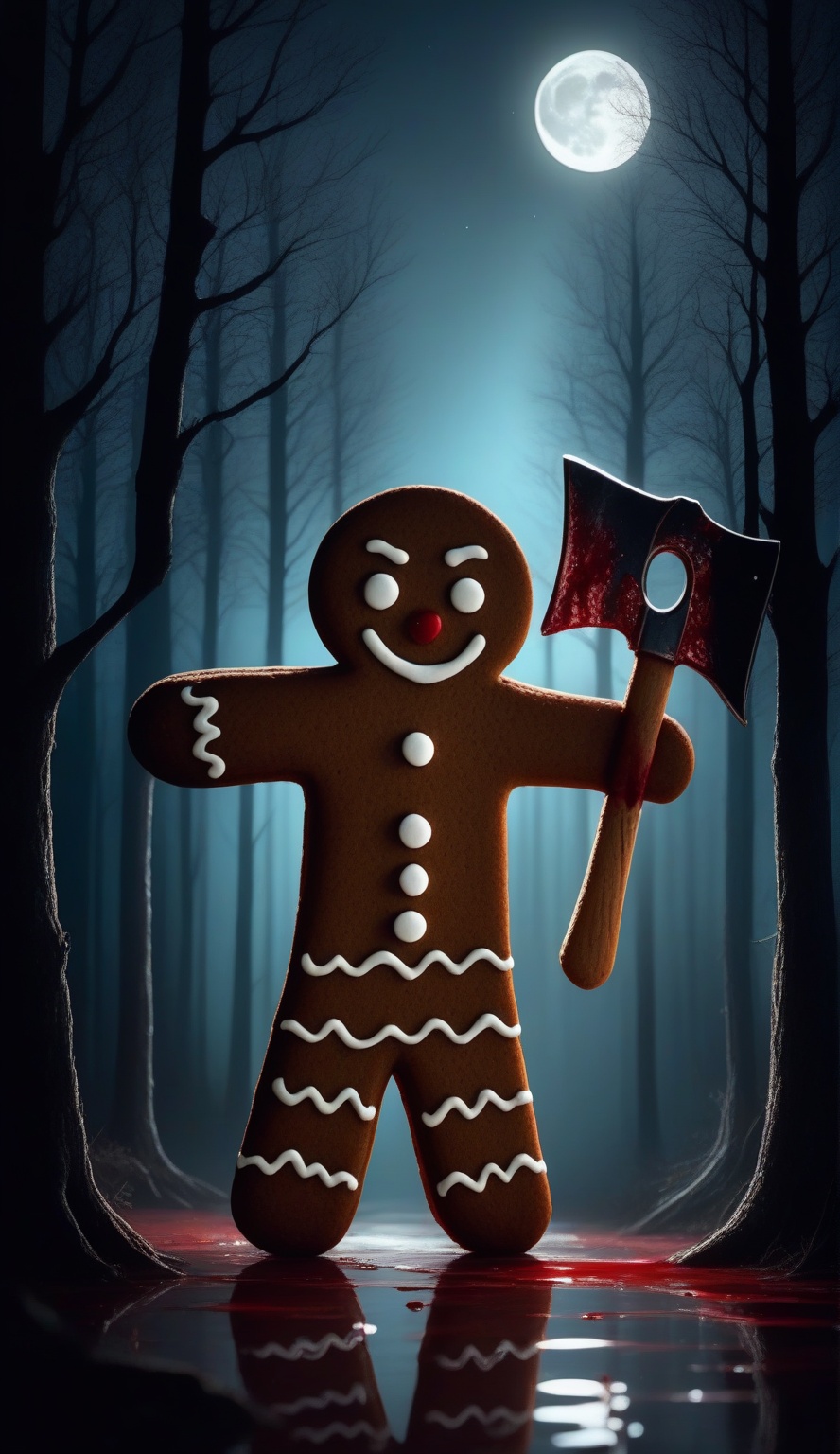 Dark fairy tales,A gingerbread man wielding an axe in a forest at night,with blood splatters and moonlight casting eerie shadows.,