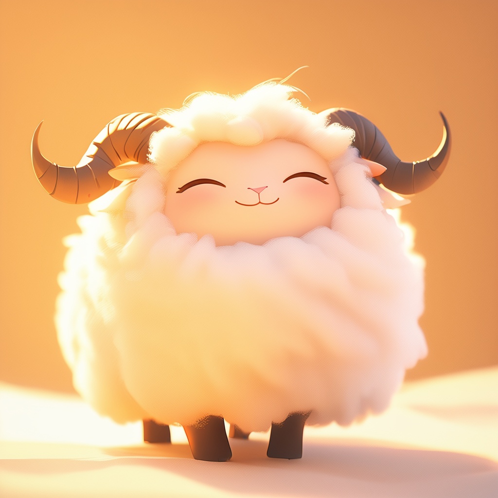 weiyang, sheep, fluffy, cute, mf-movie-filter, warm colors, white fur, whimsy and dramatic lighting, cc-color-correction, ^ ^, soft lighting, sheep horns, :3, sheep focus, sheep ears, no humans, closed eyes, solo, smile, horns, facing viewer, blush, full body, closed mouth, standing, shadow, happy, orange theme<lora:weiyang_xl:0.8>,