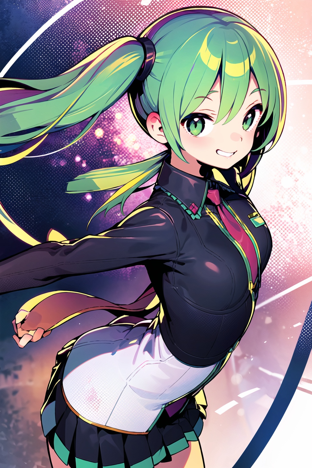 masterpiece, best quality, 1girl, solo, dynamic pose, cowboy shot, hatsune miku, green eyes, green hair, twintails, school uniform, arm behind back, evil smile, grin, from above, looking up, dynamic pose, <lora:gyokai:1>