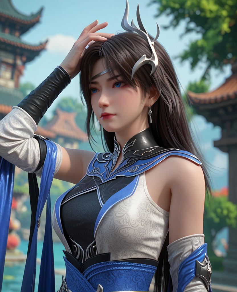 (oriental architecture, elegant decor, sophisticated style:1.1),(Posing with hands on head, fingers interlocked,:1.1),(breasts:1.2),<lora:XL百炼成神裴芸:0.95>,miss peiyun,black hair,long hair,jewelry,earrings,blue eyes,hair ornament,detached sleeves,dress,breasts,bare shoulders,circlet,mole under eye,sash,, zPDXL2, score_9, score_8_up, score_7_up BREAK realistic, masterpiece,best quality, highly detailed,, zPDXL3, zPDXL2,zPDXL, zPDXLxxx, zPDXLrl,