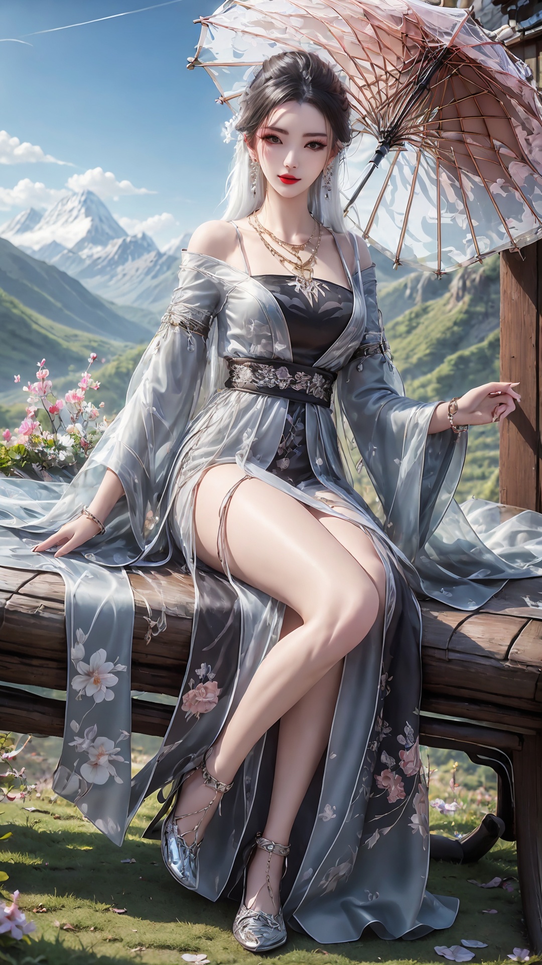 1girl, umbrella, solo, dress, white dress, holding umbrella, jewelry, long hair, black hair, holding, outdoors, chinese clothes, mountain, earrings, necklace, long sleeves<lora:girl miaojiangxiaobai_20240912173536:0.7>,