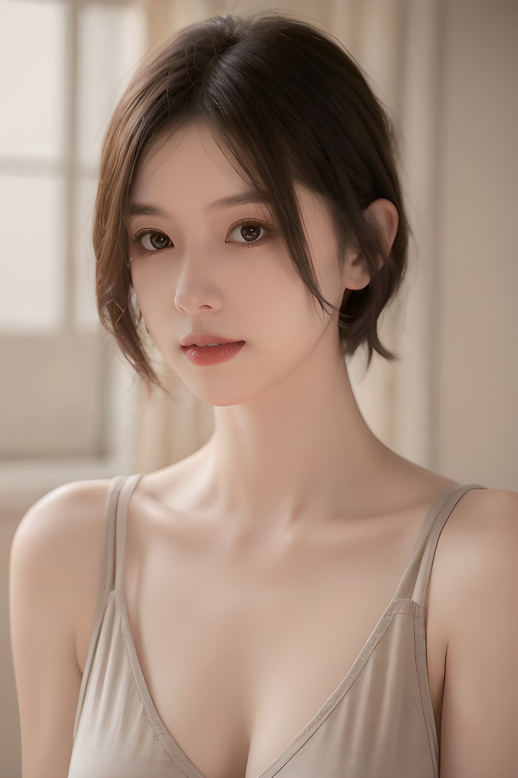<lora:0826_08:0.7>best quality,masterpiece,4k,1girl,upper body,Cover your chest with one hand,solo,skinny,short hair,, 1girl,realistic,masterpiece, best quality, photorealistic, HDR,detail