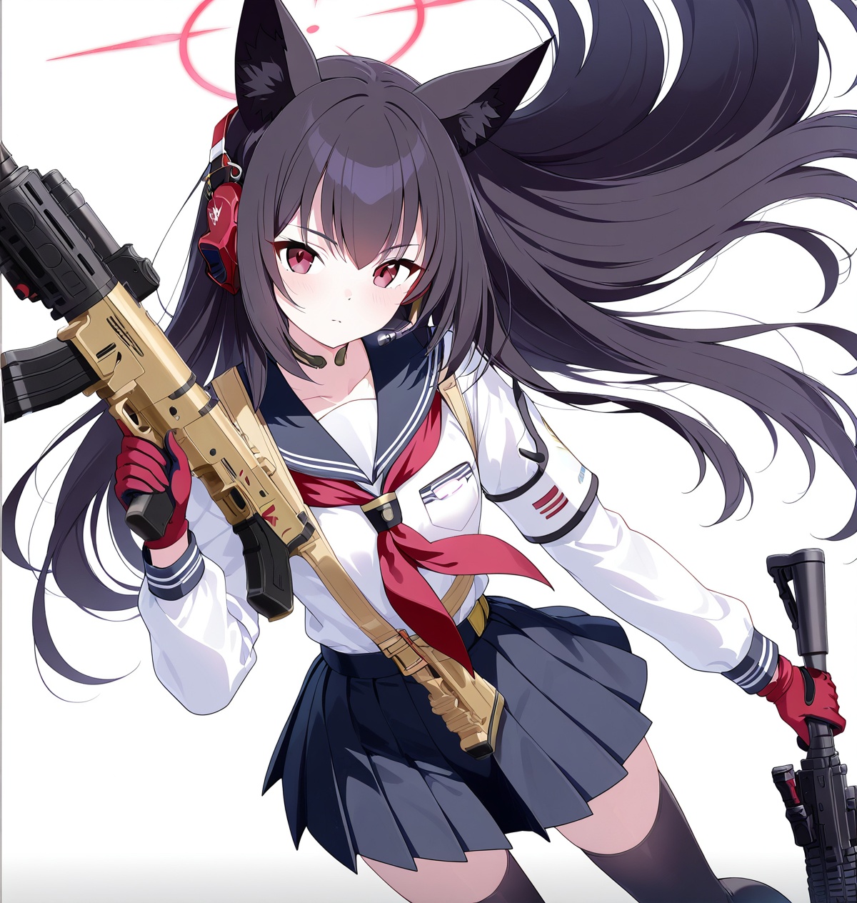 Shichido Yukino(blue archive),O,1girl,weapon,solo,gun,long hair,thighhighs,animal ears,school uniform,gloves,halo,serafuku,skirt,black thighhighs,white background,red eyes,holding,holding weapon,assault rifle,rifle,simple background,black hair,very long hair,headset,holding gun,sailor collar,long sleeves,looking at viewer,neckerchief,red gloves,choker,trigger discipline,pleated skirt,feet out of frame,bangs,zettai ryouiki,(aesthetics ),masterpiece,best quality,ultra high definition,32K resolution,clear focus,delicate details,high-end texture,fashion photography,film perspective,rich colors,color palette,advertising style,tension composition,masterpiece,mild atmosphere,latest,dynamic Dutch perspective,transparent composition,magazine cover,cover,