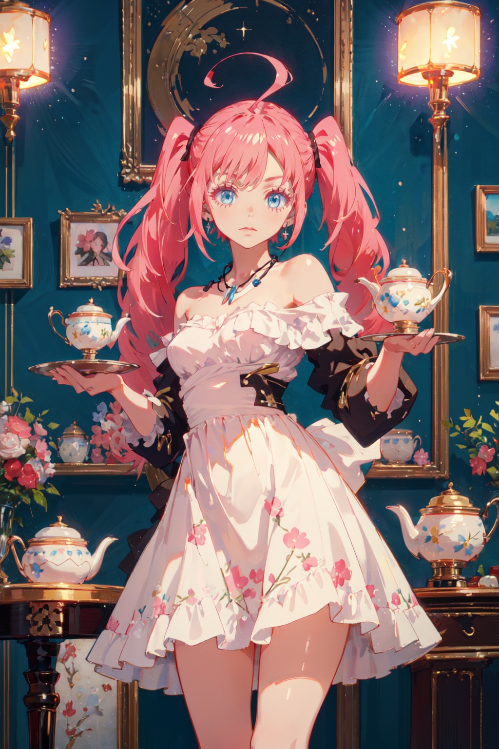 1girl,looking at viewer,solo,pink hair,long hair,ahoge,twintails,blue eyes,jewelry,necklace,small breasts,Blue and white striped off-shoulder dress,<lora:Milim (3):0.8>,Milim CYQL,cowboy_shot,beautiful face,beautiful eyes,glossy skin,shiny skin,Roses, Tea roses, Tea table, Vintage teacups, Tea party, English charm,beautiful detailed sky,beautiful detailed glow,posing in front of a colorful and dynamic background,masterpiece,best quality,beautiful and aesthetic,contrapposto,female focus,wallpaper,fashion,