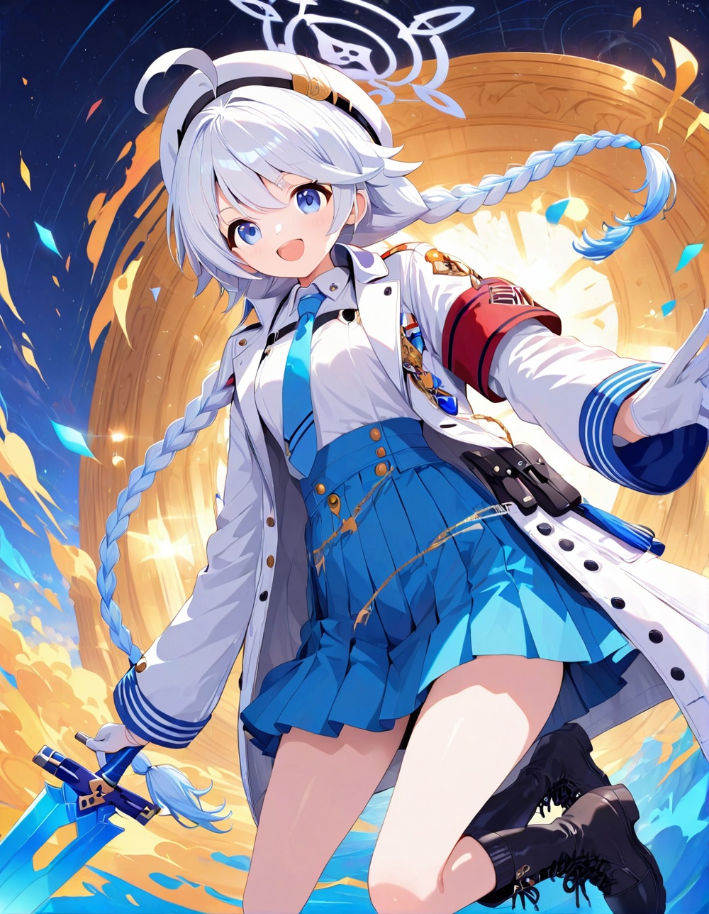 ultra detailed anime texture,O,1girl, weapon, solo, skirt, blue eyes, sword, braid, holding, holding weapon, long hair, hat, twin braids, white hair, open mouth, white jacket, smile, holding sword, looking at viewer, ahoge, shirt, halo, necktie, bangs, black footwear, jacket, long sleeves, white shirt, star (sky), armband, pleated skirt, :d, sky, boots, blue skirt, gloves, breasts, starry sky, blue necktie