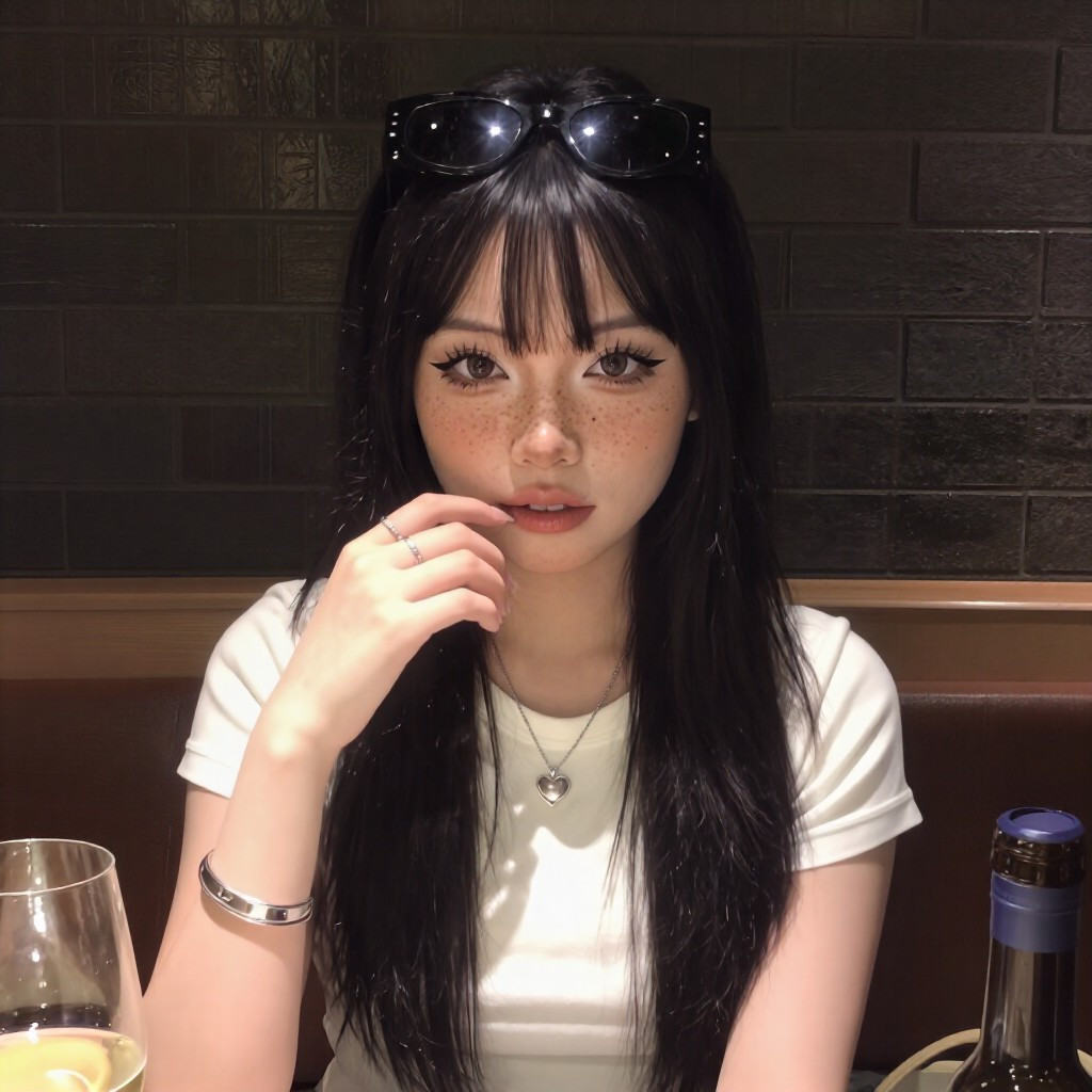juls,  medium close-up looking at camera. Features: long black hair,  bangs on Tensor.Art