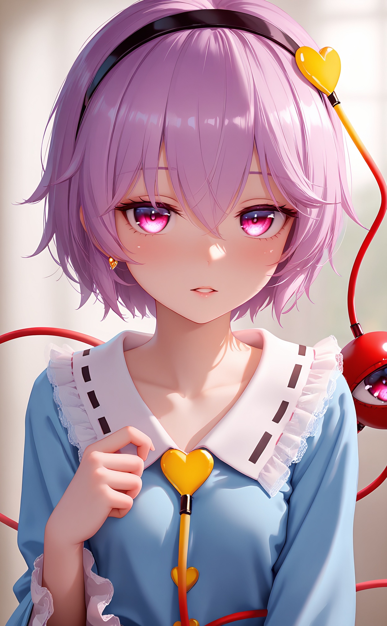 masterpiece,very aware,highres,absurdres,newest,best quality,loli,petite,high quality,chromatic_aberration,chromatic_aberration,cinematic_angle,dutch angle,//,loli,1girl,solo,komeiji satori,heart,pink hair,long sleeves,short hair,hairband,looking at viewer,third eye,heart hair ornament,blush,upper body,hair ornament,parted lips,shirt,blue shirt,pink eyes,black hairband,hair between eyes,bangs,frills,frilled shirt collar,buttons,jewelry,earrings,wide sleeves,frilled sleeves,collarbone,//,//,photorealistic,<lora:MMD3——【noob】hans:0.8>,