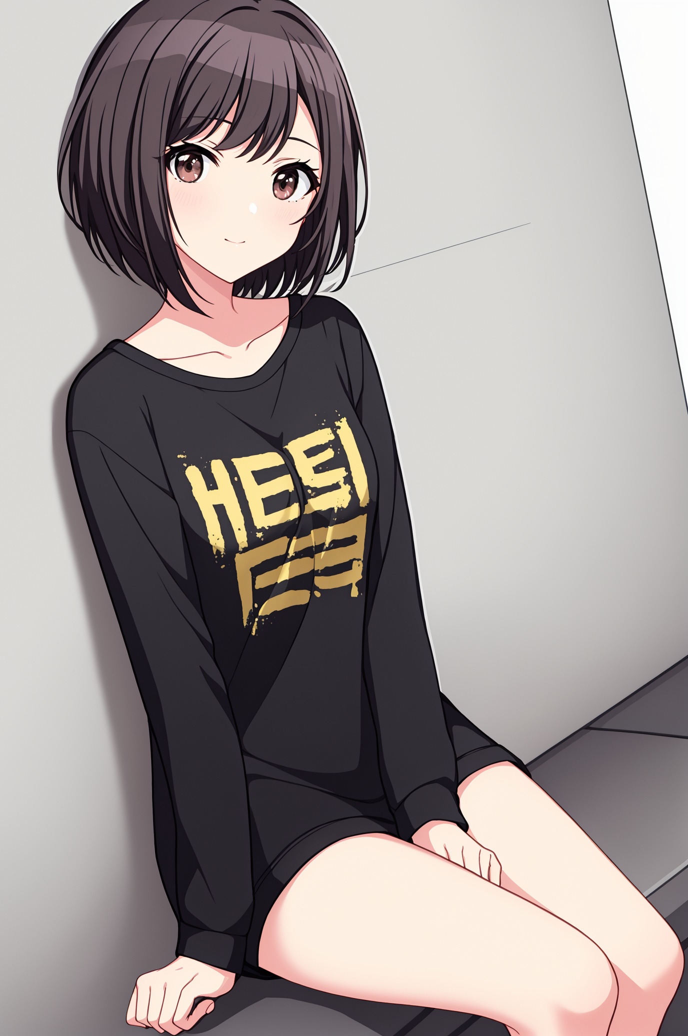 short hair,medium breasts,<lora:DYHM11:0.35>,brown eyes,t-shirt,hand between legs,