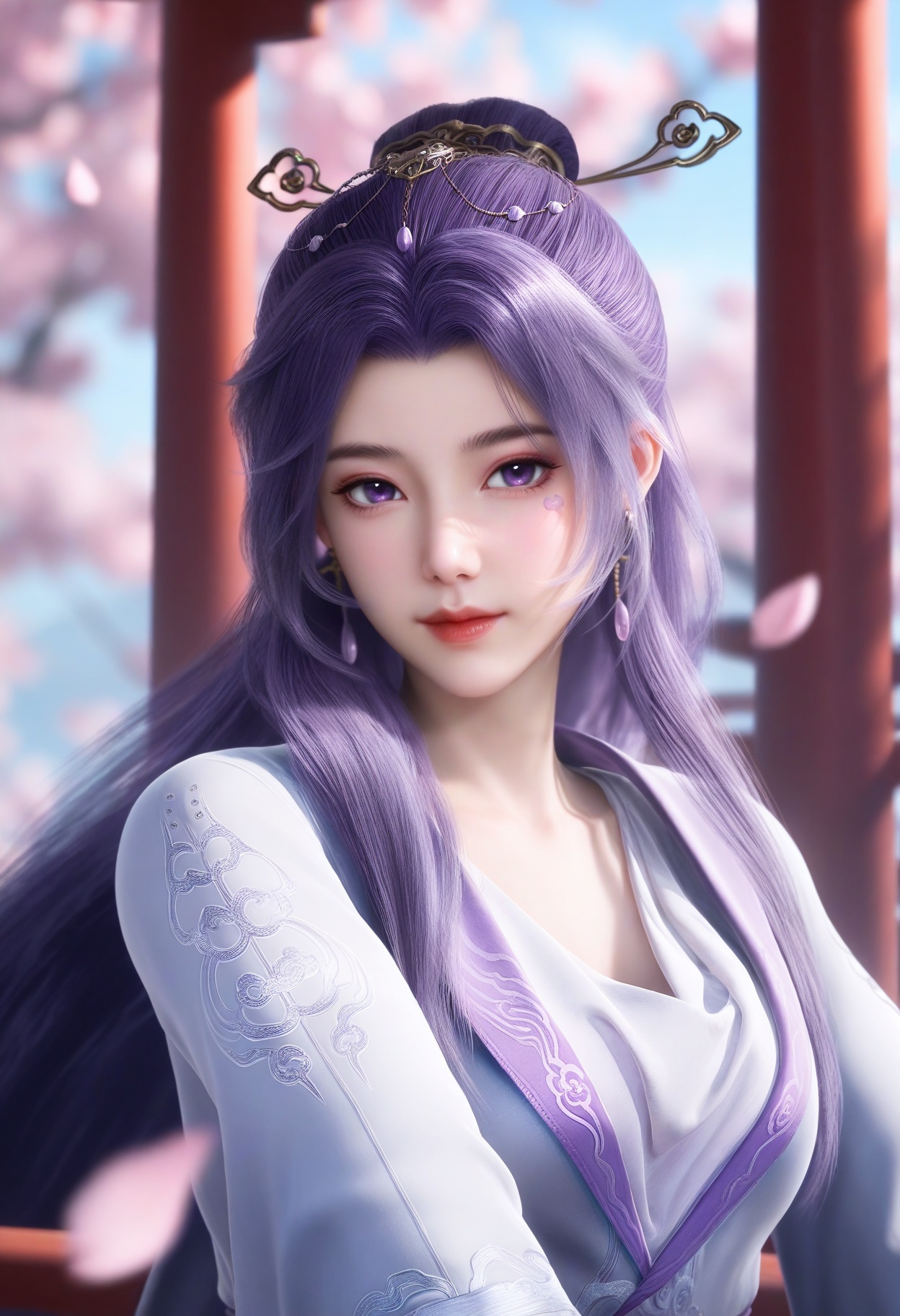 masterpiece,best quality,amazing quality,very aesthetic,high resolution,ultra-detailed,absurdres,scenery,photorealistic,(looking at viewer:1.1),upper body,(moody lighting:1.1),peach blossom,falling petals,(large breasts:0.8),yunxiao,1girl,long hair,solo,purple hair,hair ornament,dress,chinese clothes,jewelry,earrings,purple eyes,closed mouth,hair bun,long sleeves,facial mark,sash,realistic,shoes BREAK photorealistic details,<lora:QQSillyunxiaoV1:0.8>,