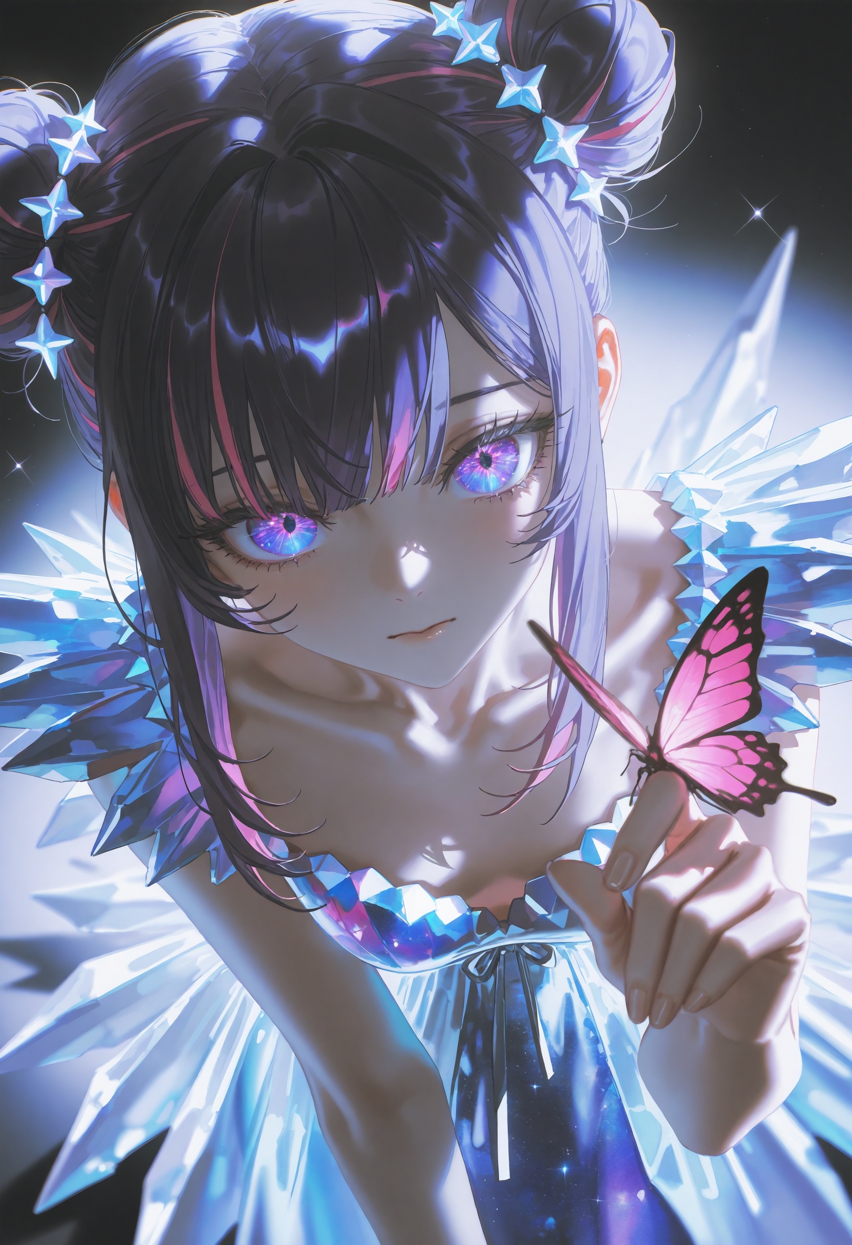 masterpiece,best quality,artist:john_kafka,artist:nixeu,artist:quasarcake,chromatic aberration,film grain,high contrast,color contrast,cold colors,gritty,graphite \\\\(medium\\\\),1girl,solo,bangs,black hair,purple eyes,pink hair,purple hair,multicolored hair,virtual youtuber,hair bun,streaked hair,double bun,galaxy in eyes,open clothes,collarbone,crystal garland,crystal material,translucent dress,crystal dress,butterfly on hand,leaning forward,rise head,looking at viewer,from above,close-up,upper body,shadows,glint,motion blur,depth of field,dynamic angle,silver theme,crystal theme,sparkle,pink butterfly,crystal butterfly,