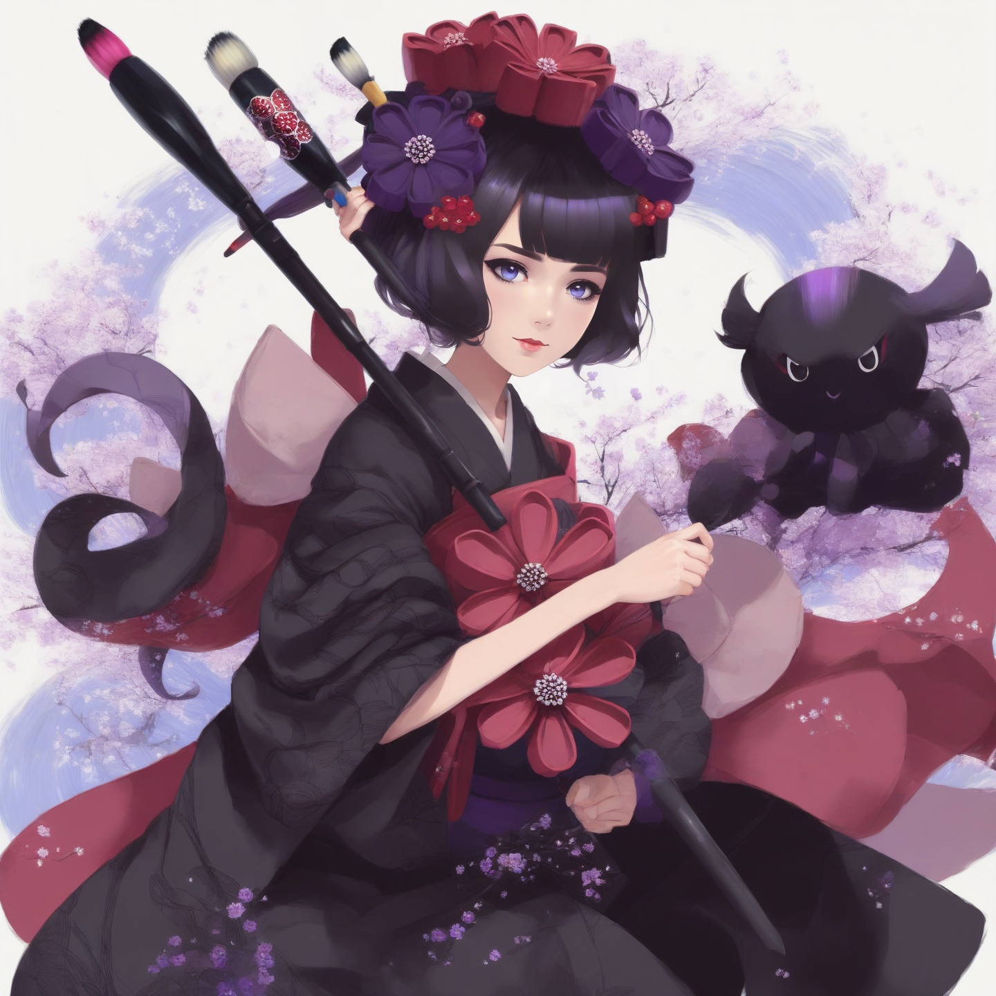 <lora:hokusai:1>tokitarou \(fate\), 1girl, octopus, paintbrush, katsushika hokusai \(fate\), japanese clothes, hair ornament, calligraphy brush, kimono, holding paintbrush, looking at viewer, holding, blue eyes, black kimono, short hair, purple hair, flower, hairpin, blush, black hair, hair flower, closed mouth