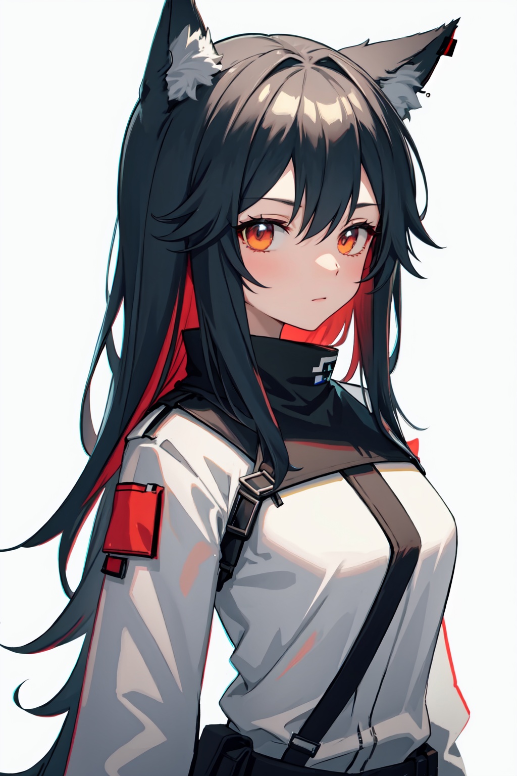 texas_(arknights),wolf_girl,simple_background,animal_ear_fluff,long_sleeves,closed_mouth,1girl,solo,looking_at_viewer<lora:texas_(arknights):1>,simple background,white backgroundmasterpiece,best quality, highly detailed, 