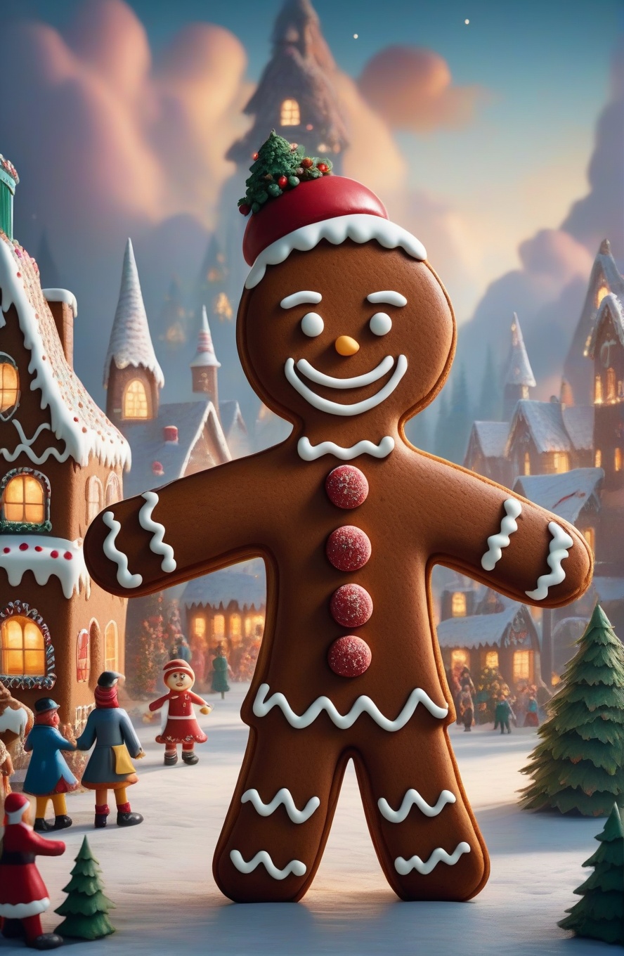 A whimsical holiday scene featuring a giant gingerbread man standing in front of an enchanted village, with clouds looming overhead.