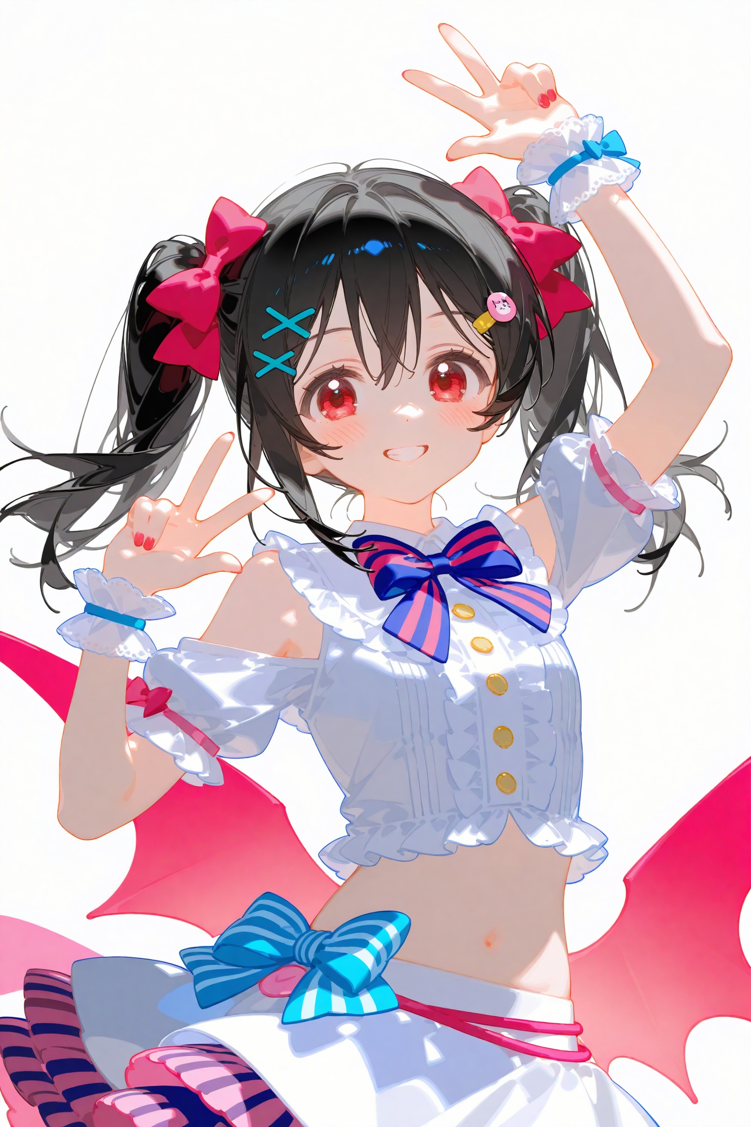 artist:ciloranko,1girl,solo,yazawa nico,black hair,red eyes,twintails,navel,smile,bow,hair ornament,x hair ornament,looking at viewer,shirt,striped bowtie,skirt,frills,white skirt,double \m/,\m/,bowtie,center frills,striped bow,white shirt,midriff,pink bowtie,pink bow,short sleeves,character name,nail polish,hair between eyes,puffy sleeves,hands up,red nails,puffy short sleeves,frilled shirt,long hair,detached sleeves,clothing cutout,parted lips,shoulder cutout,w,bare shoulders,pink nails,grin,blush,ribbon,striped clothes,white background,stomach,scrunchie,idol,sidelocks,upper body,wings,medium hair,buttons,frilled sleeves,hairclip,hair scrunchie,simple background,finger gun,crop top,hair bow,midriff peek,double w,frilled shirt collar,blue bowtie,collared shirt,white sleeves,breasts,open mouth,arm up,teeth,cowboy shot,standing,red bow,\n/,red ribbon,frilled skirt,blue bow,pink ribbon,