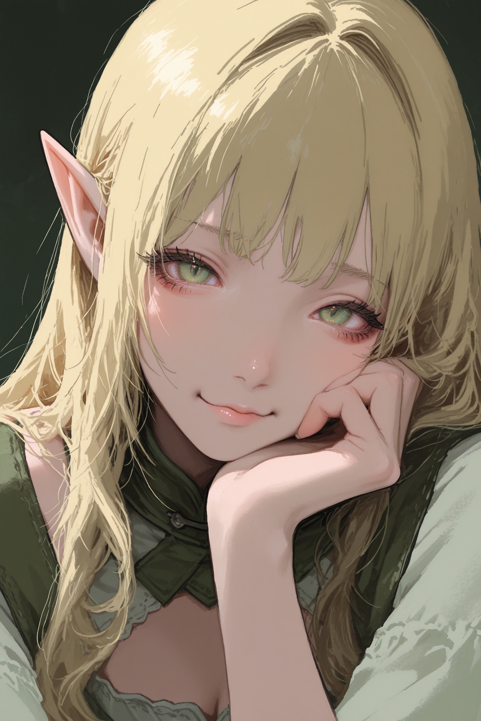 (by narue:1.3), (by tatsumi \(psmhbpiuczn\):1.15),realistic textured painterly,1girl, portrait, solo, head rest, looking at viewer, pout, happy, green eyes, blonde hair, pointy ears, elf, long hair, long hair, best quality,masterpiece,absurdres,newest,